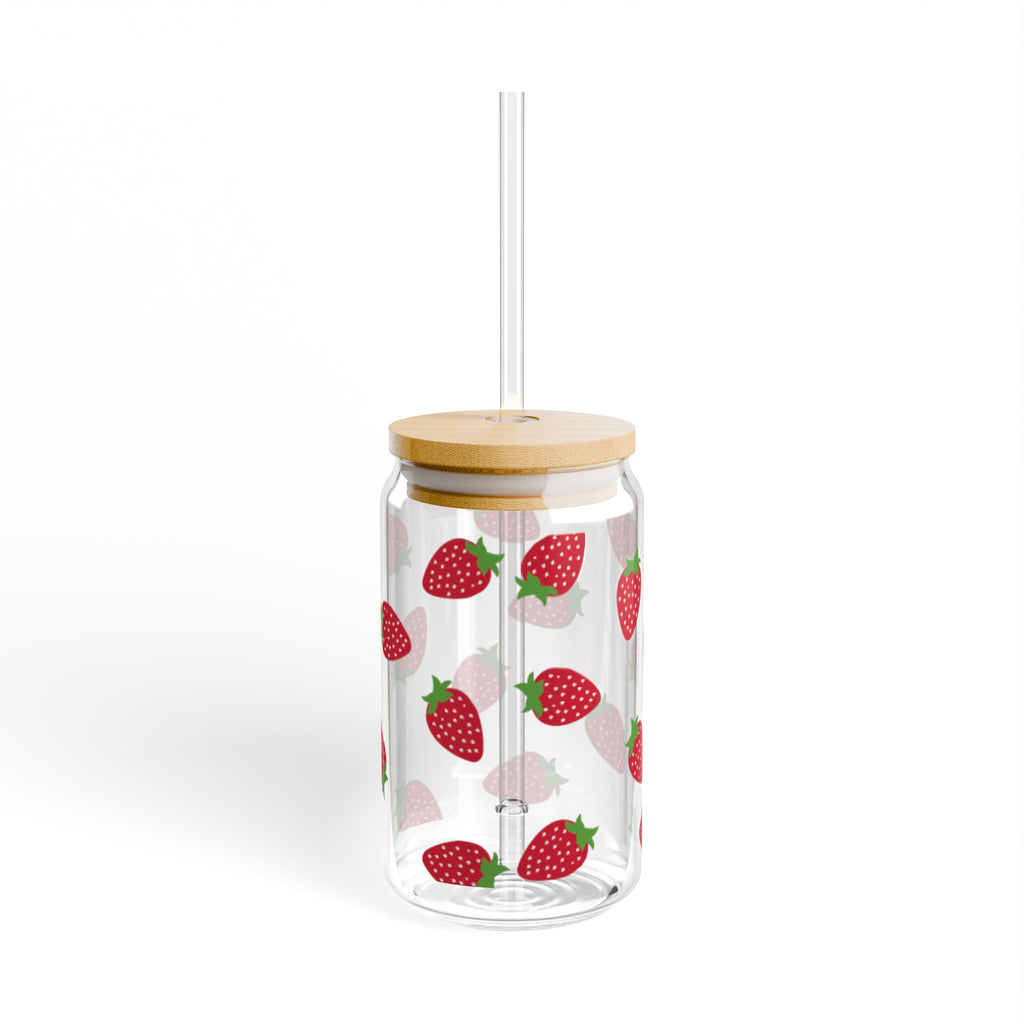 Strawberry Pattern Sipper Glass, 16oz – Clear Mason-Style Tumbler with Bamboo Lid & Straw