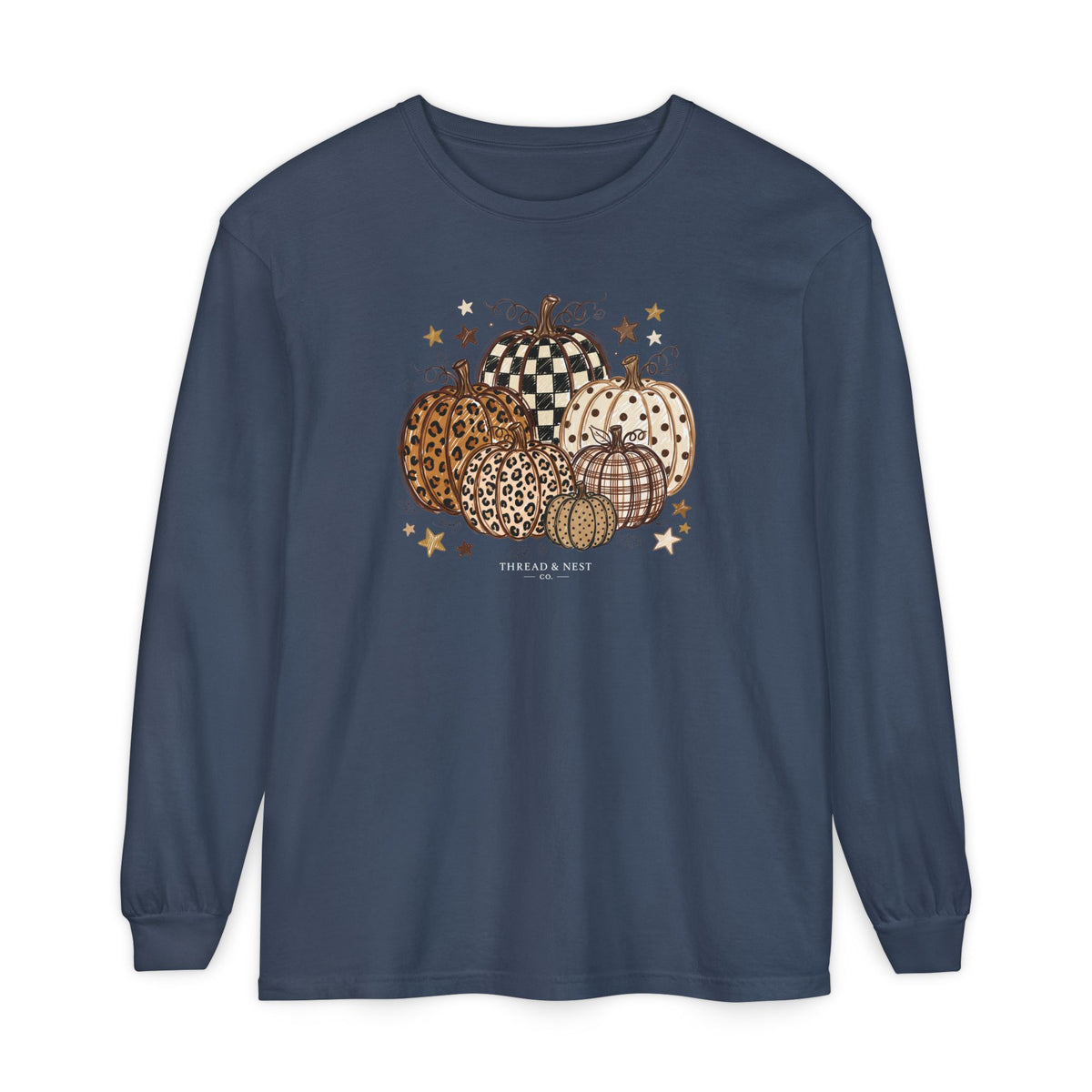 Fall Patterned Pumpkins Long Sleeve Tee — Neutral Plaid & Leopard Pumpkin Shirt