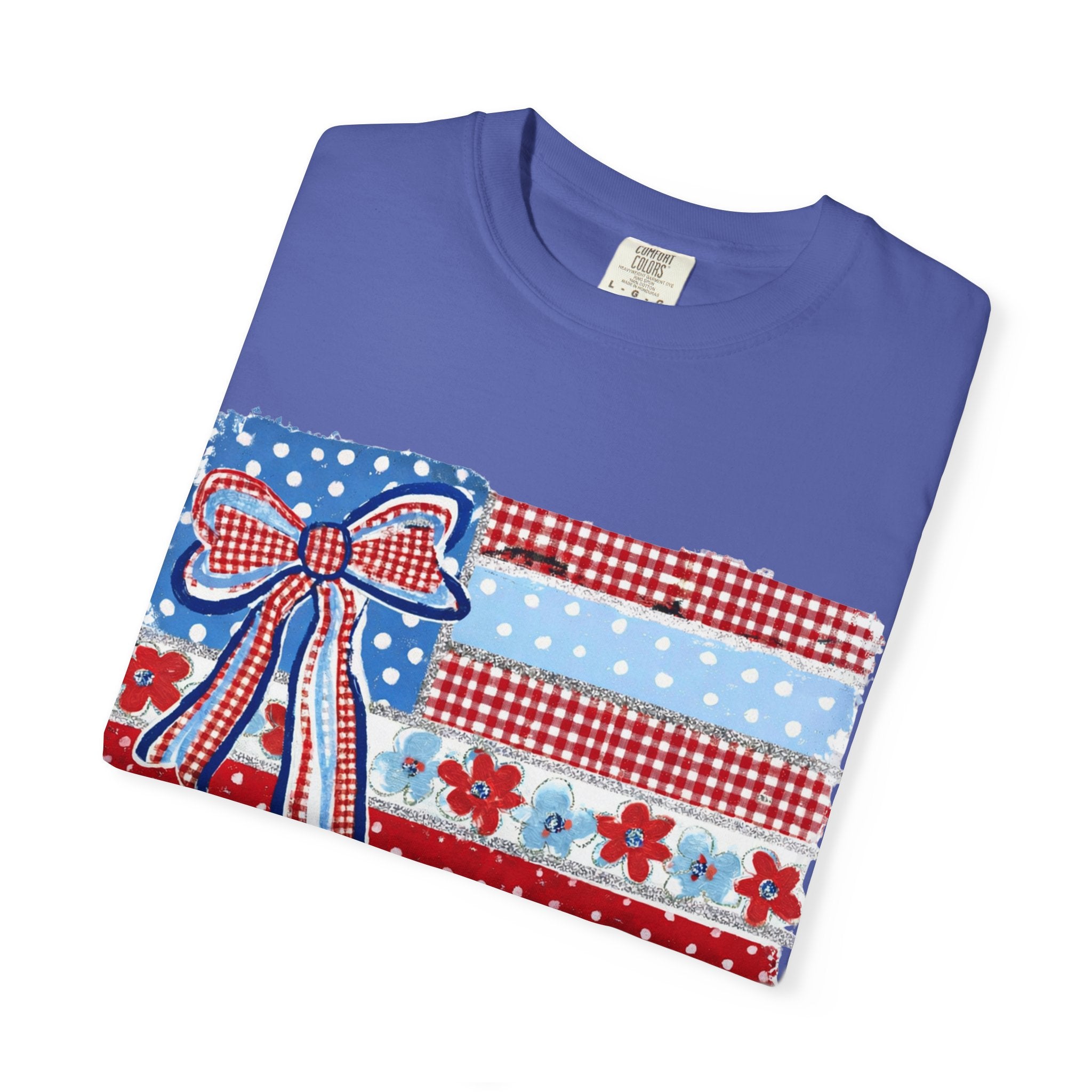 Patriotic Patchwork Flag T-Shirt — Red White & Blue Bow Tee