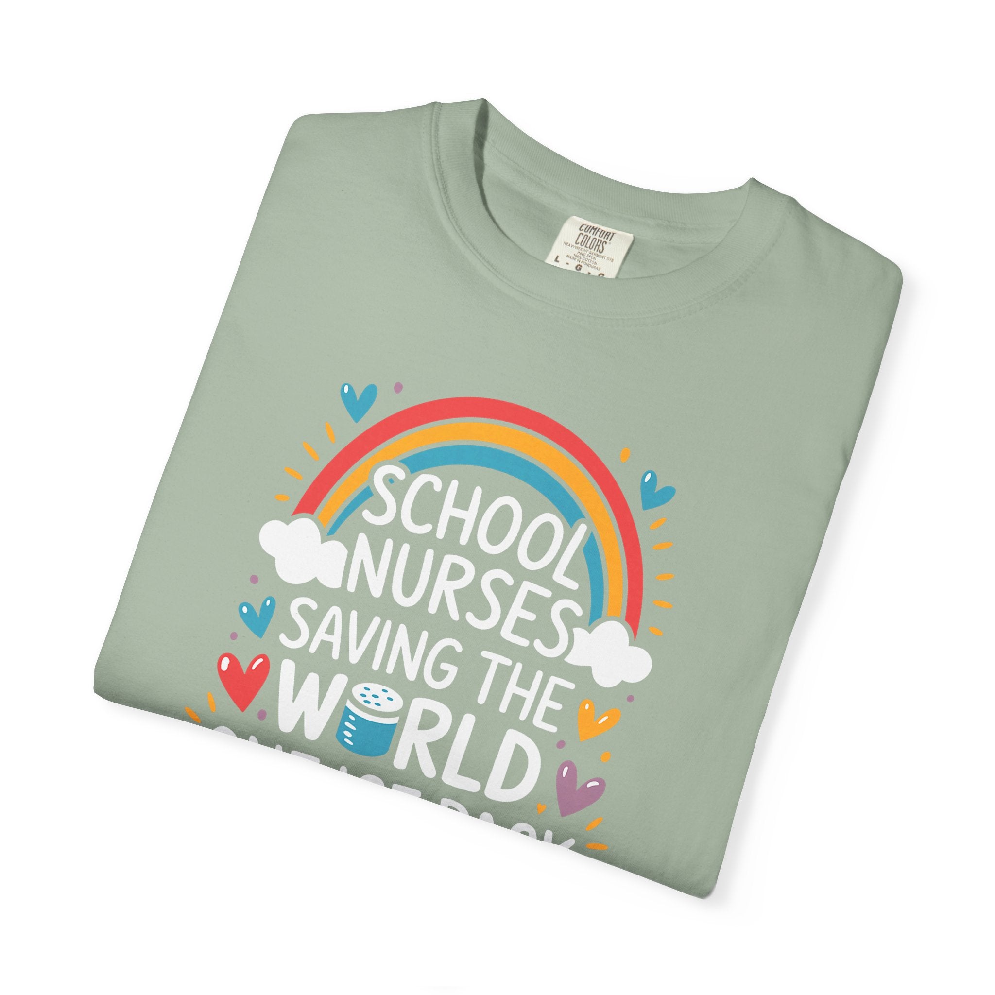 School Nurse T-Shirt — "Saving the World One Ice Pack at a Time" Cute Rainbow Graphic
