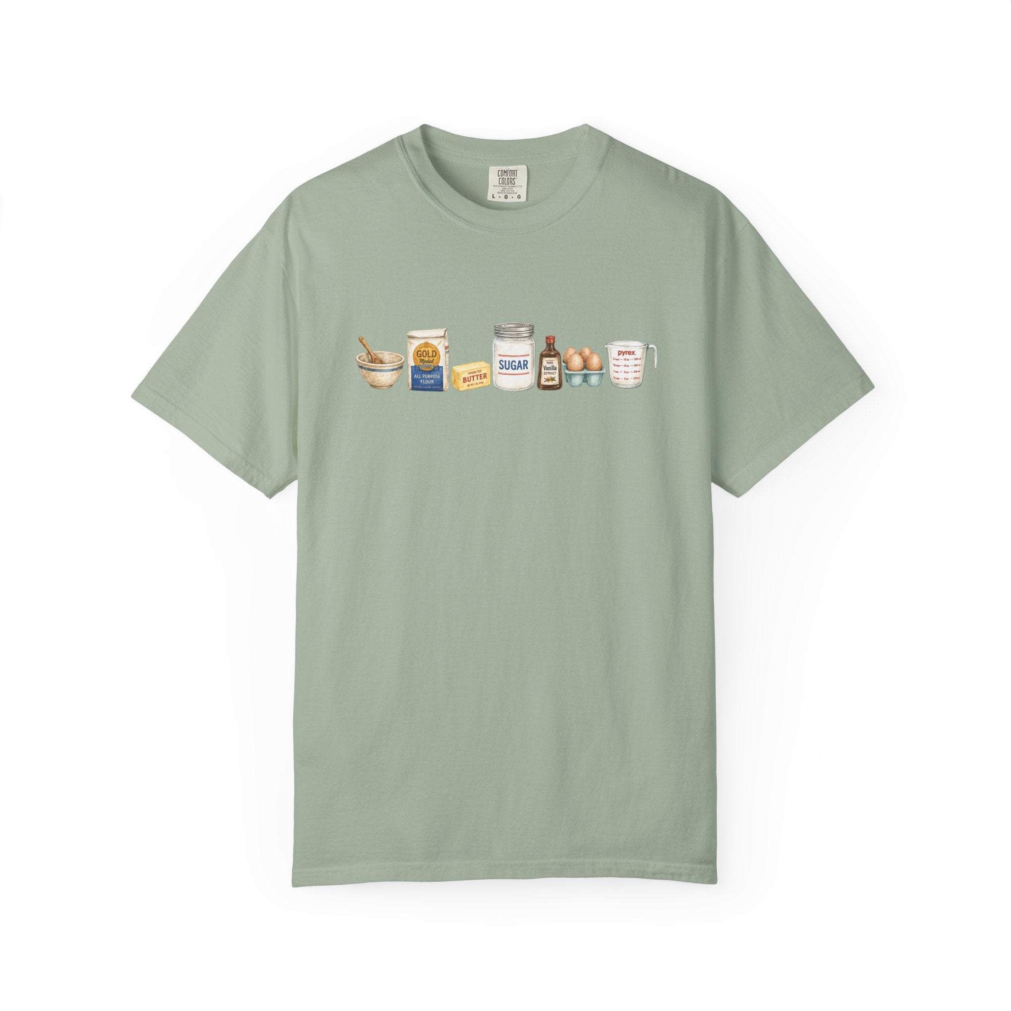 Baking Ingredients T-Shirt — Cute Illustrated Flour, Eggs & Milk Kitchen Tee