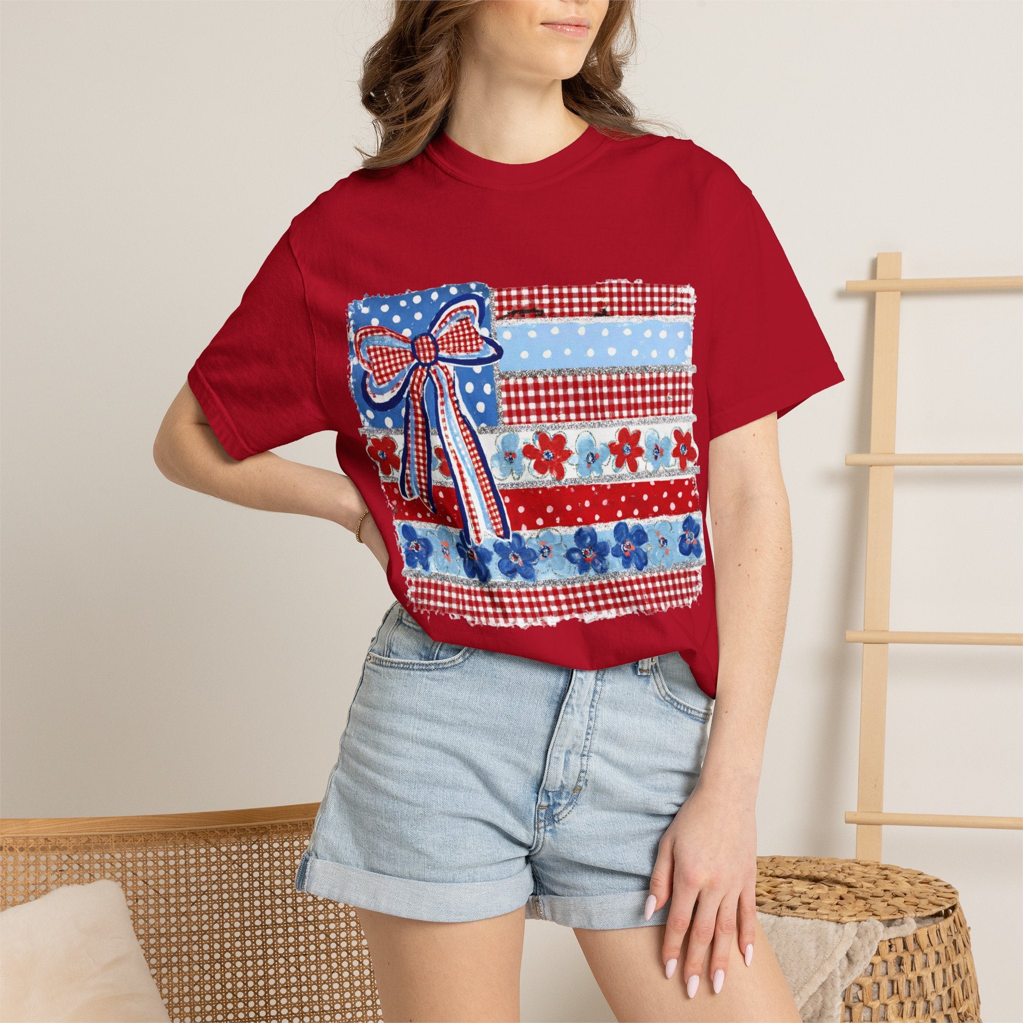 Patriotic Patchwork Flag T-Shirt — Red White & Blue Bow Tee