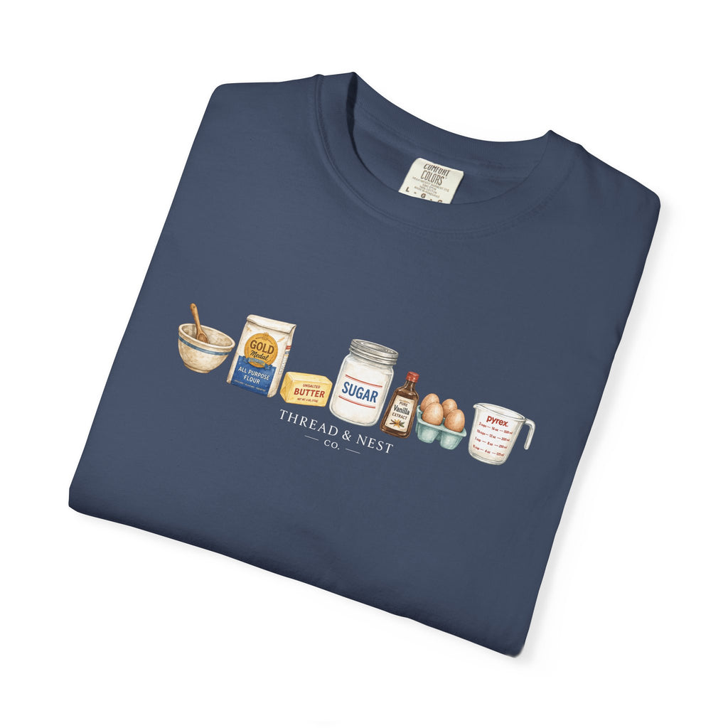 Baking Ingredients T-Shirt — Cute Illustrated Flour, Eggs & Milk Kitchen Tee