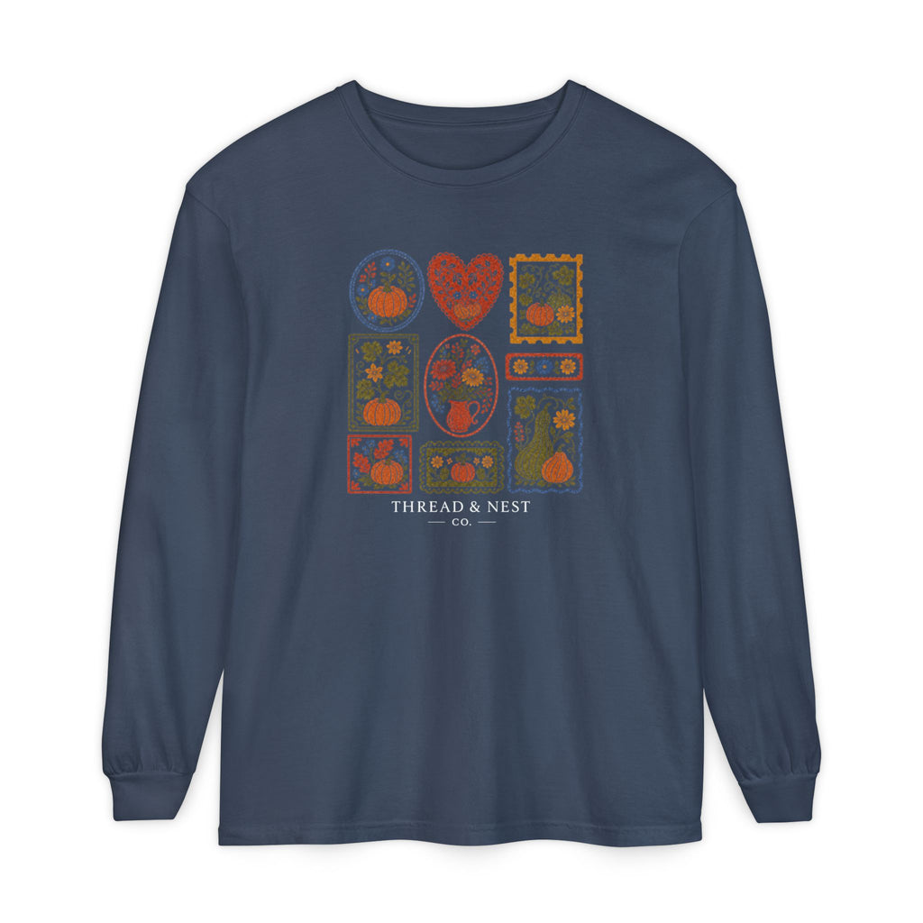 Botanical Patchwork Long Sleeve Tee — "Thread & Nest" Graphic