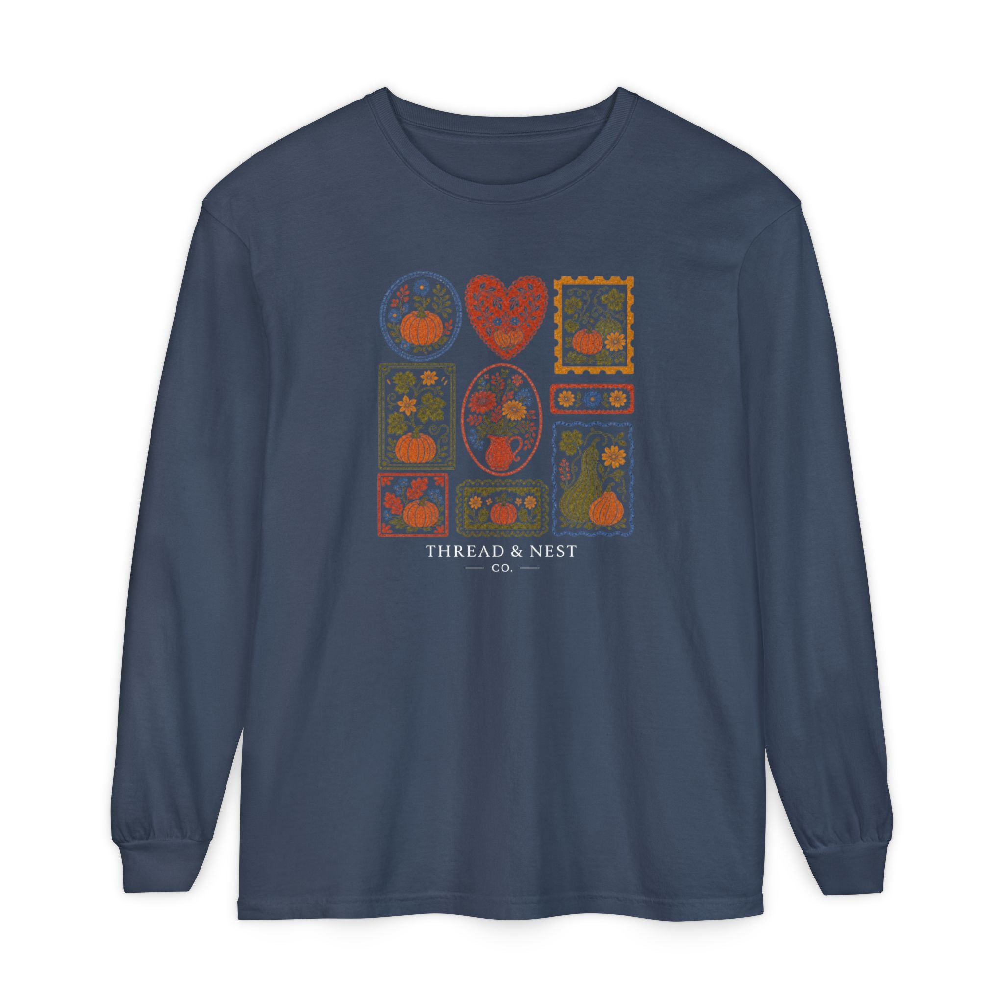 Botanical Patchwork Long Sleeve Tee — "Thread & Nest" Graphic