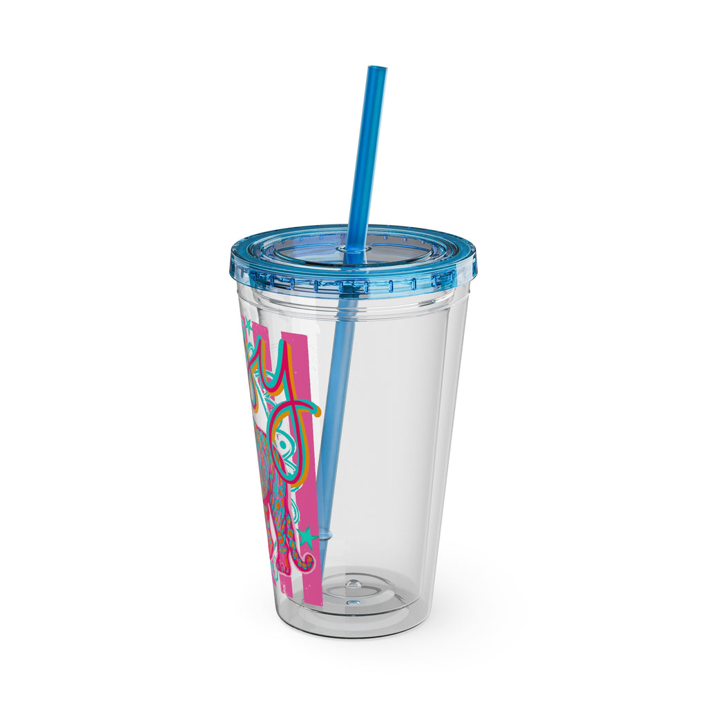 16oz Sunsplash Tumbler with Straw — Colorful 'Easy' Tiger Design