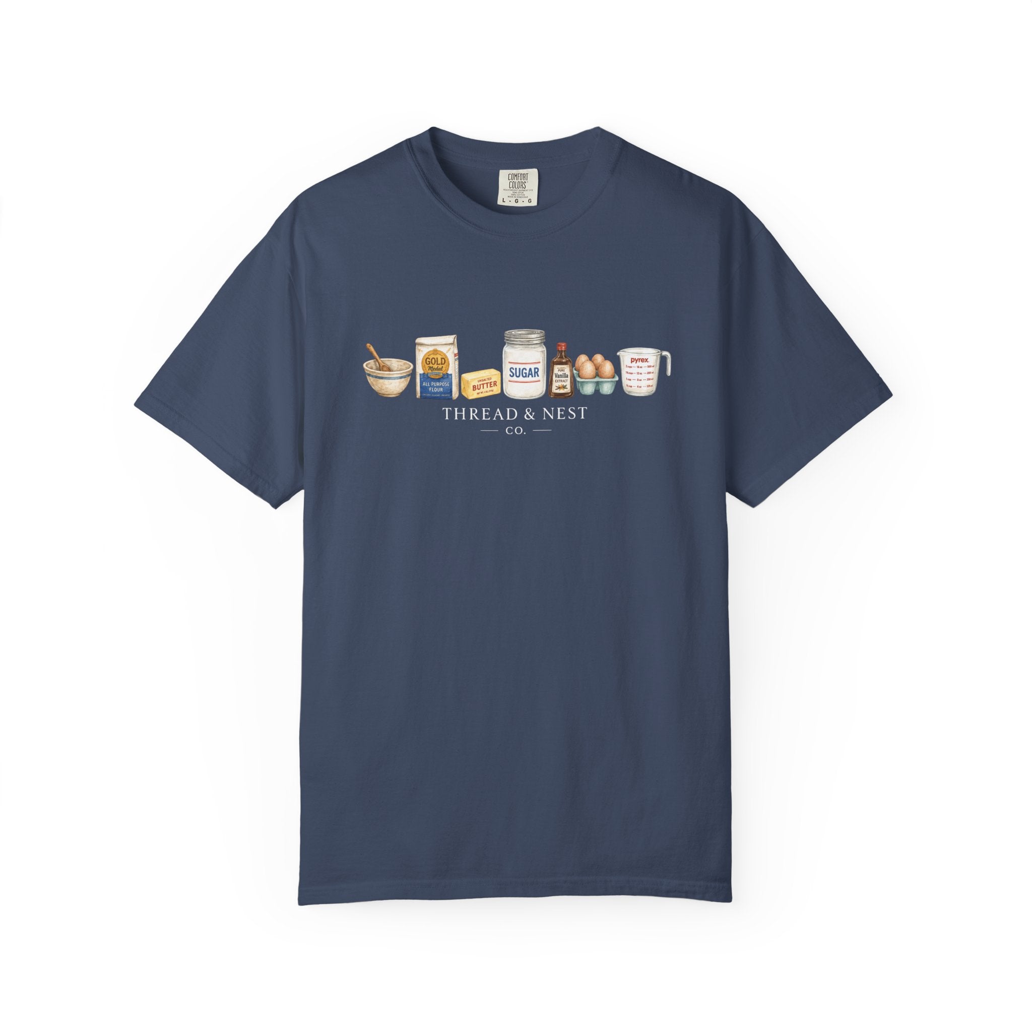 Baking Ingredients T-Shirt — Cute Illustrated Flour, Eggs & Milk Kitchen Tee