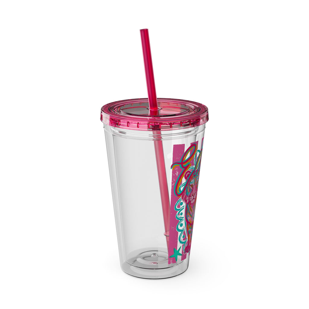 16oz Sunsplash Tumbler with Straw — Colorful 'Easy' Tiger Design