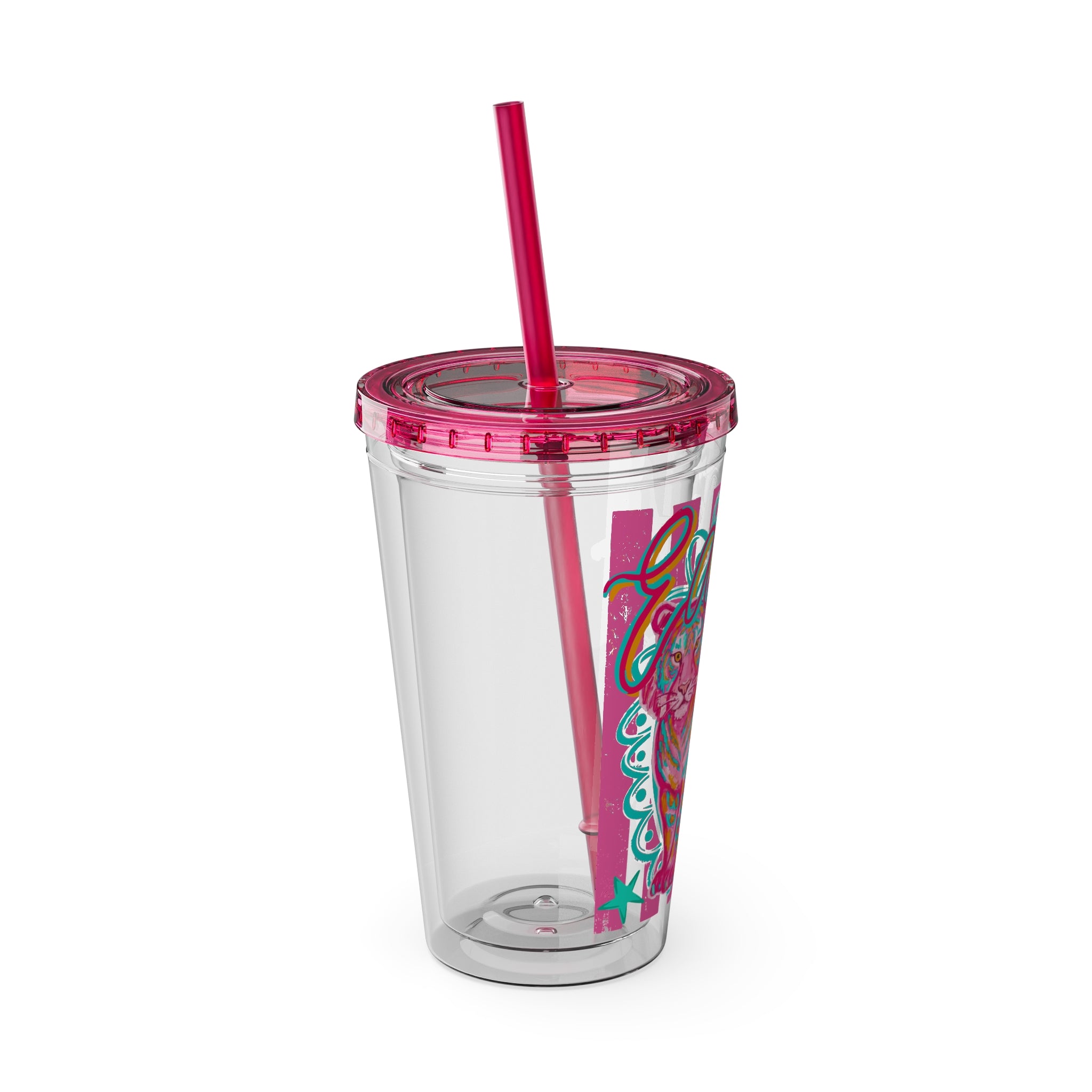 16oz Sunsplash Tumbler with Straw — Colorful 'Easy' Tiger Design