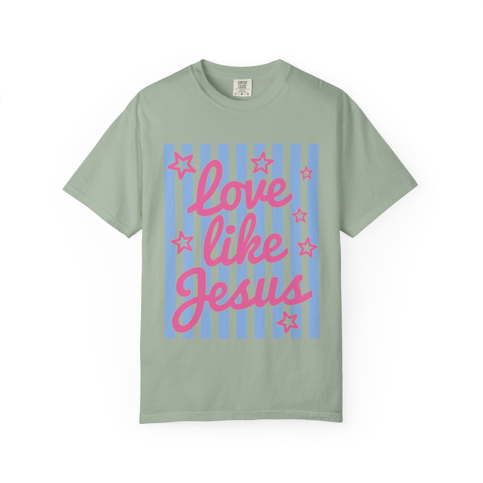 Love Like Jesus T-Shirt — Retro Pink Script on Blue Stripe Christian Tee