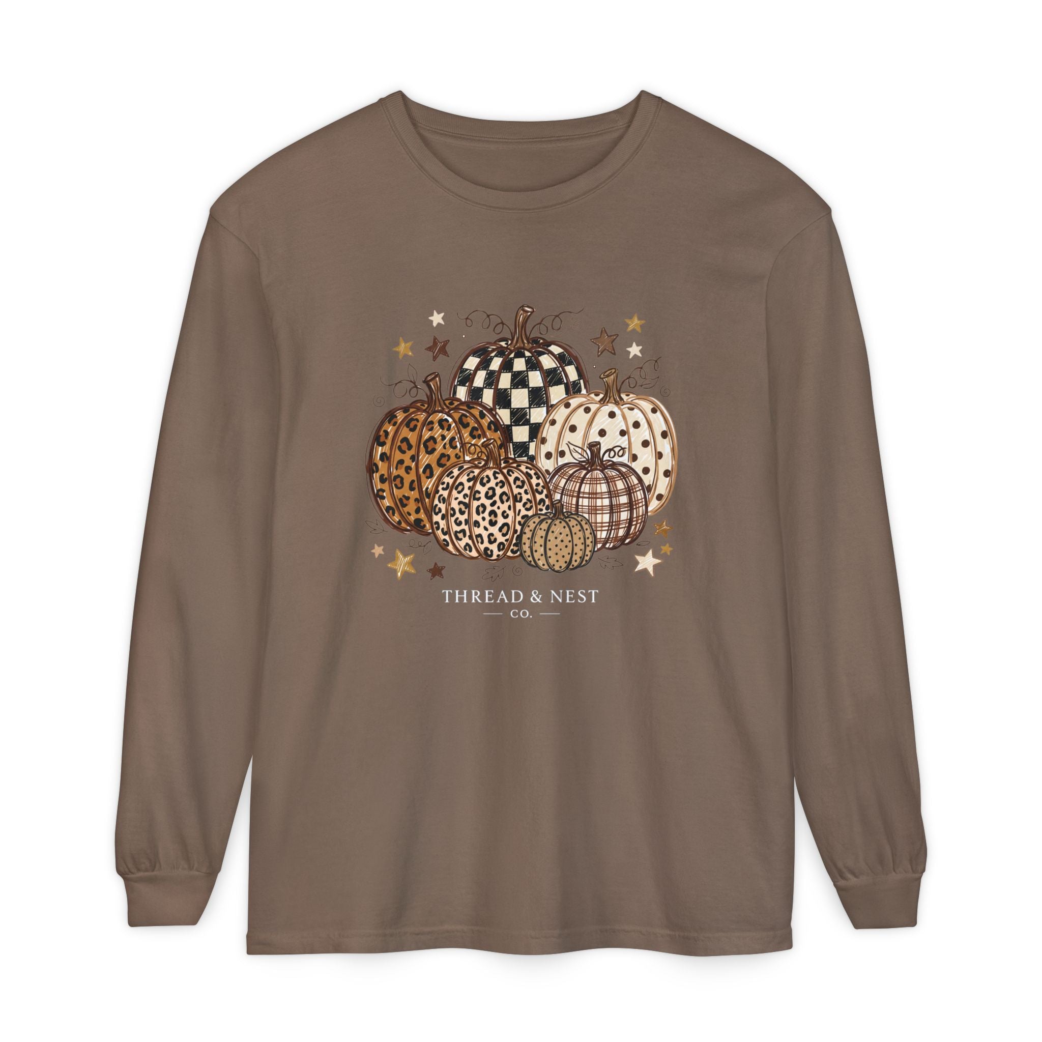 Fall Patterned Pumpkins Long Sleeve Tee — Neutral Plaid & Leopard Pumpkin Shirt