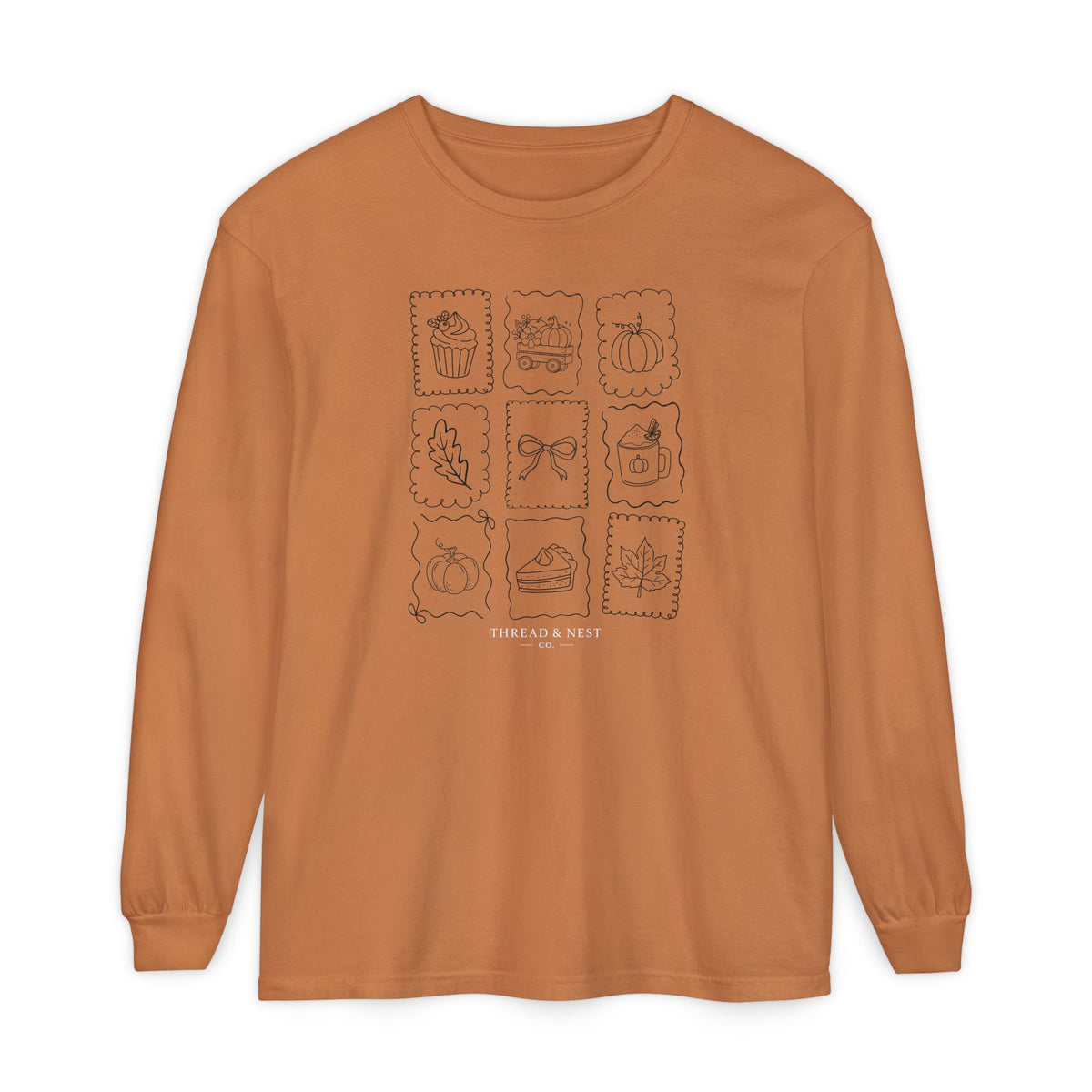 Autumn Icons Long Sleeve Tee — Hand-Drawn Fall Stamps Design