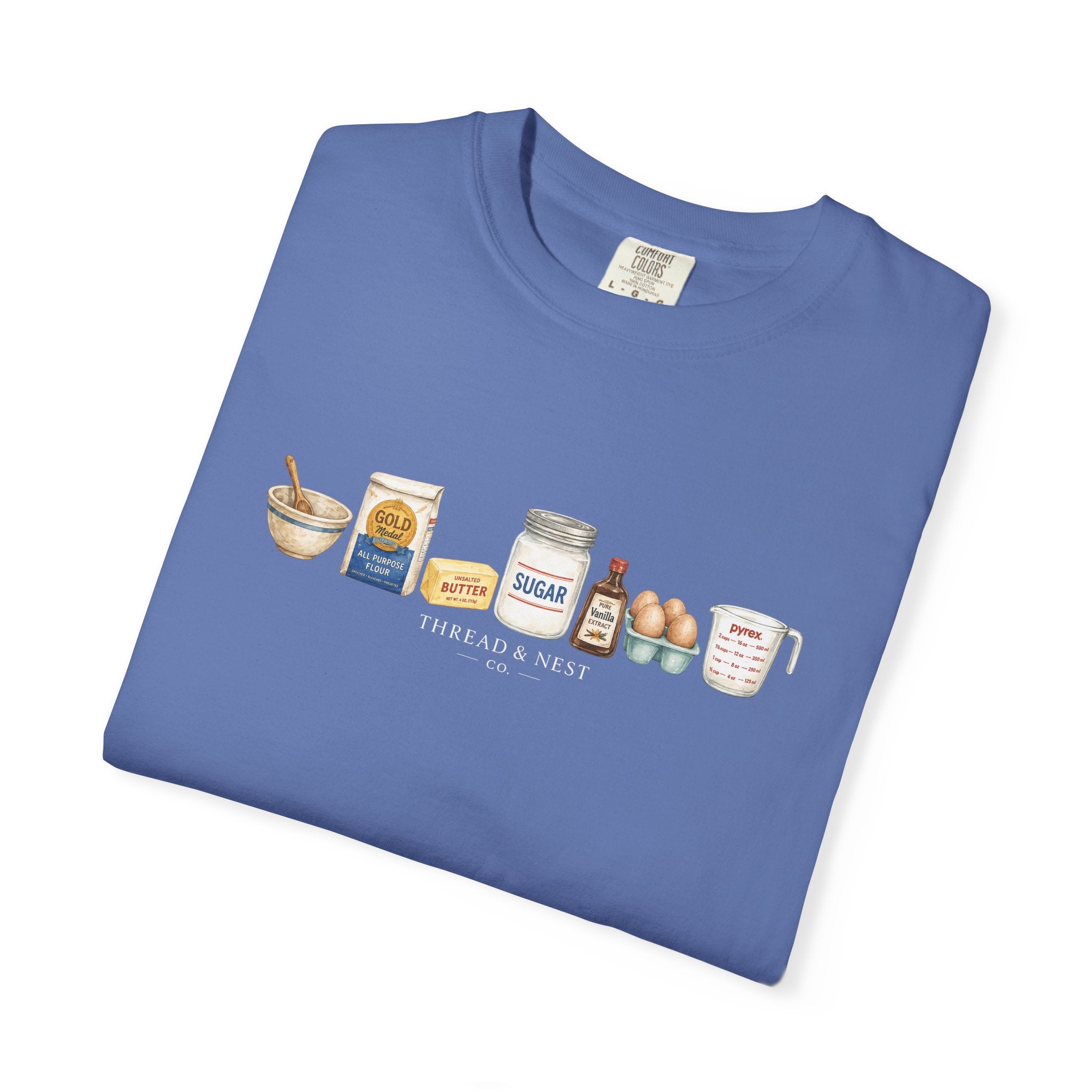 Baking Ingredients T-Shirt — Cute Illustrated Flour, Eggs & Milk Kitchen Tee