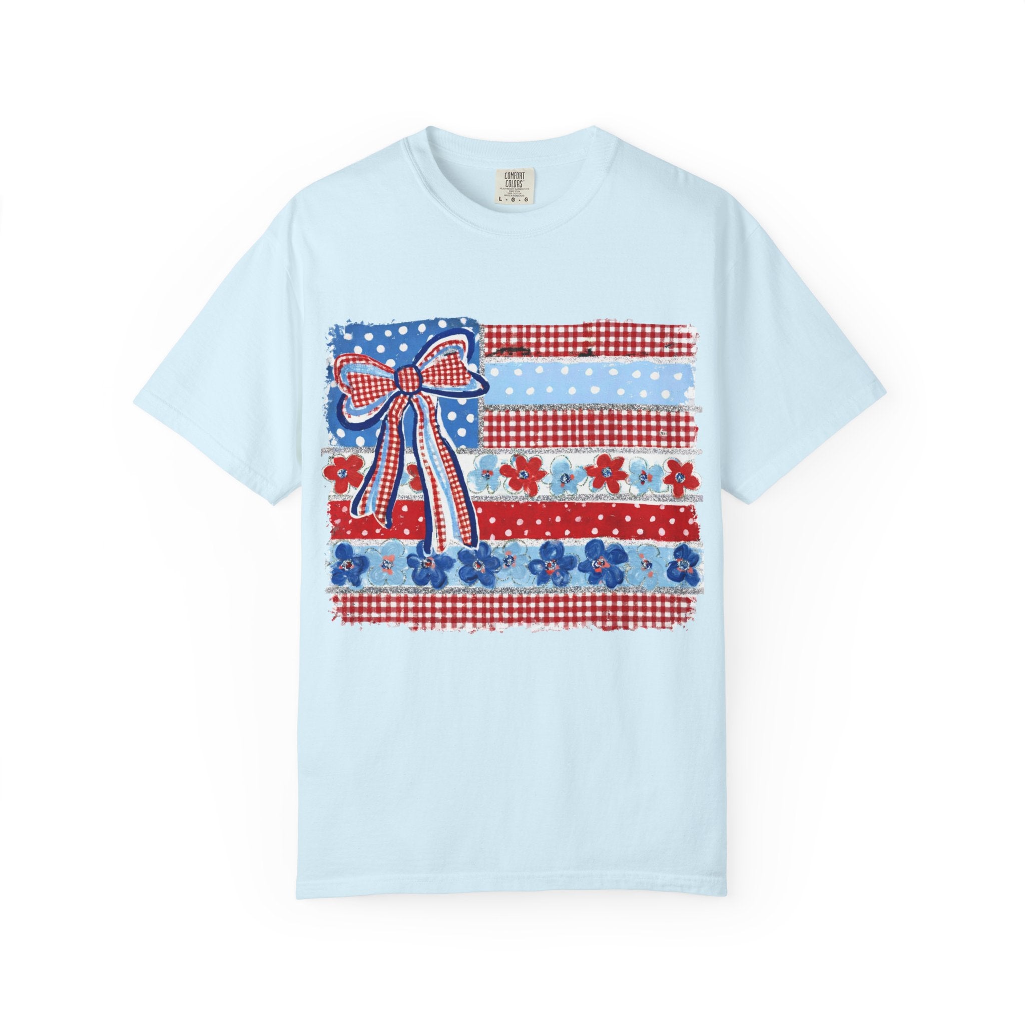 Patriotic Patchwork Flag T-Shirt — Red White & Blue Bow Tee