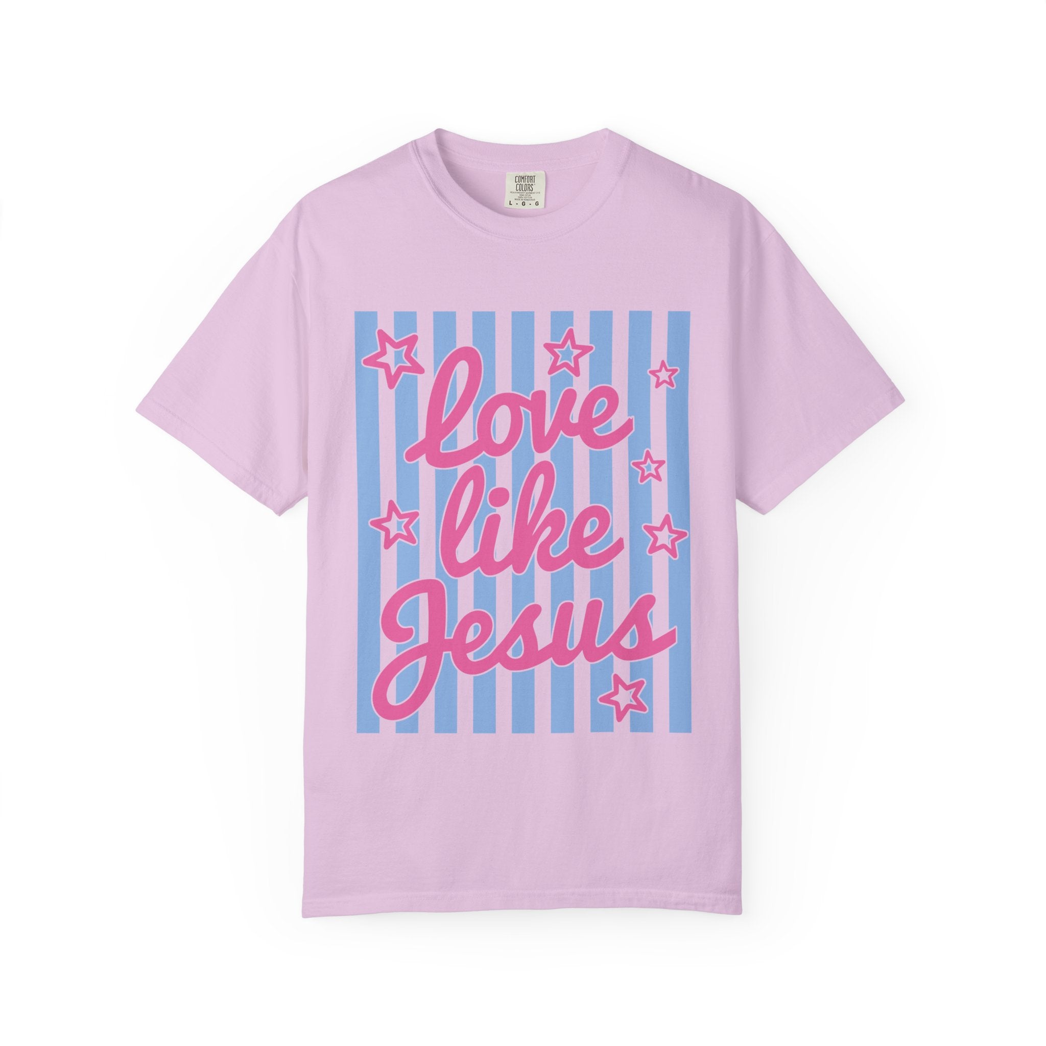 Love Like Jesus T-Shirt — Retro Pink Script on Blue Stripe Christian Tee