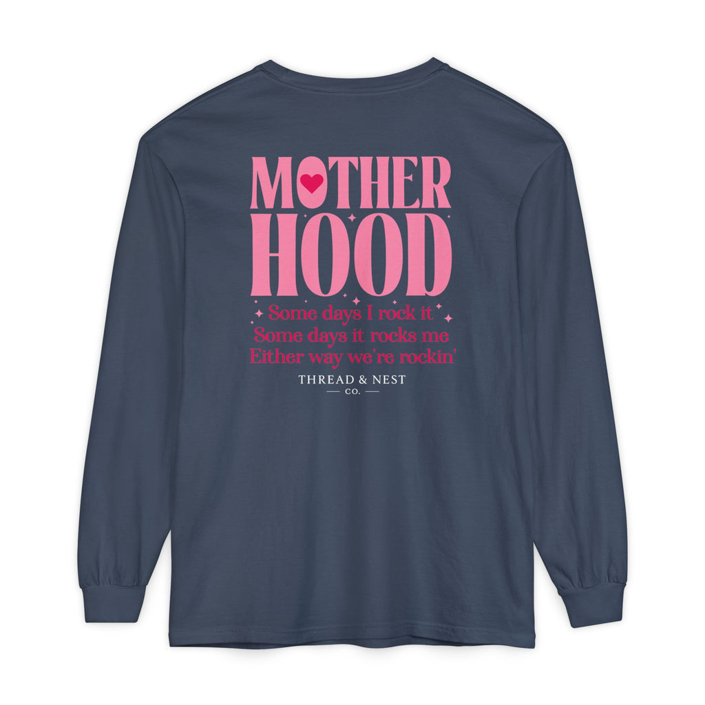 Motherhood Long Sleeve Tee — Pink Retro Heart Graphic
