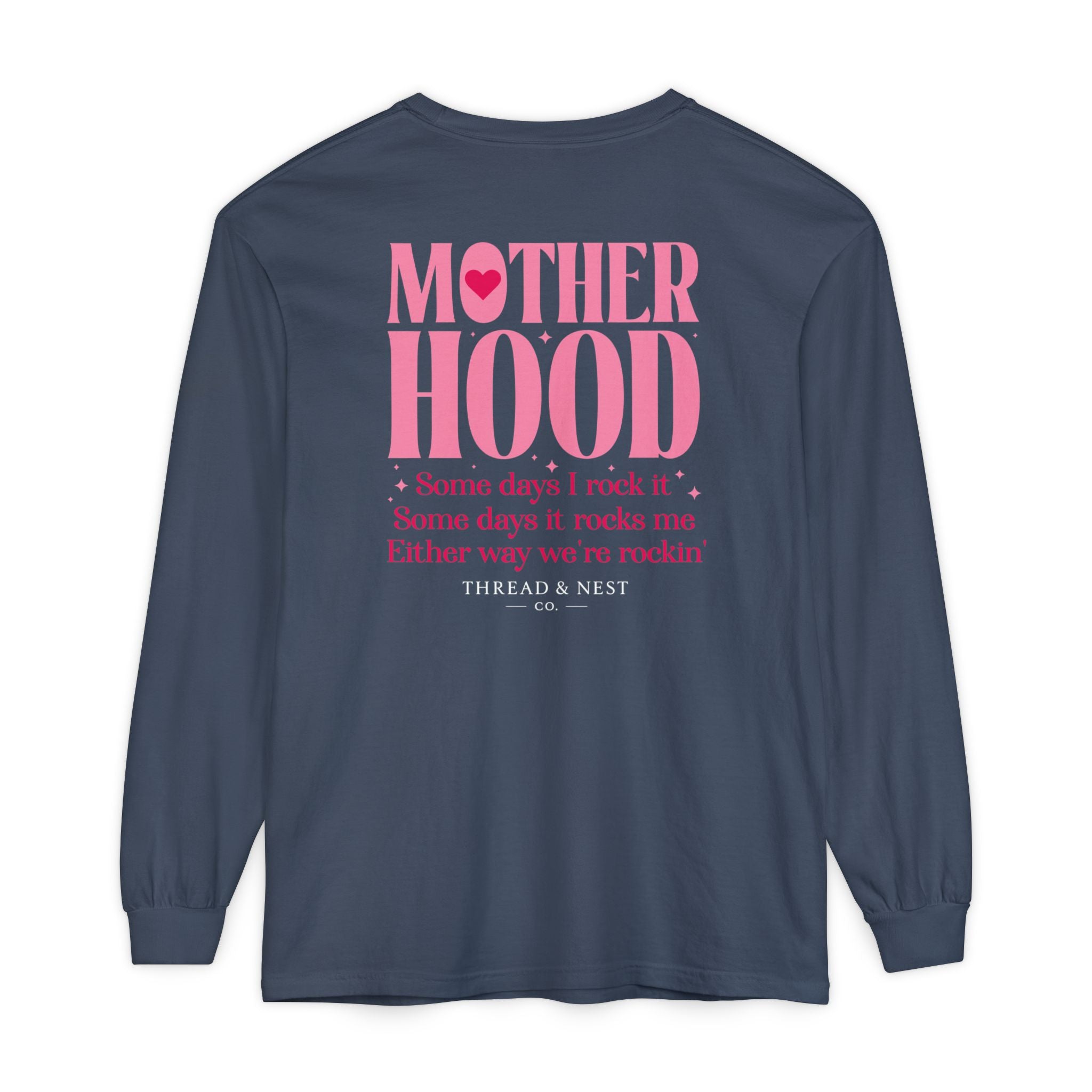 Motherhood Long Sleeve Tee — Pink Retro Heart Graphic