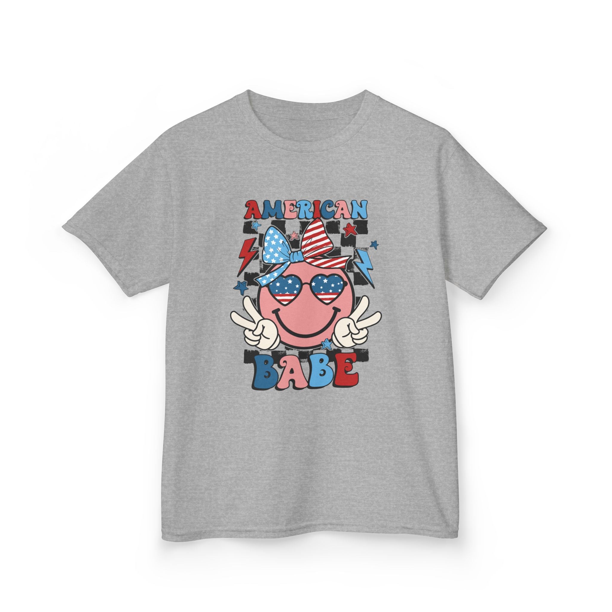 American Babe Kids T‑Shirt – Patriotic Smiley Sunglasses 4th of July Tee
