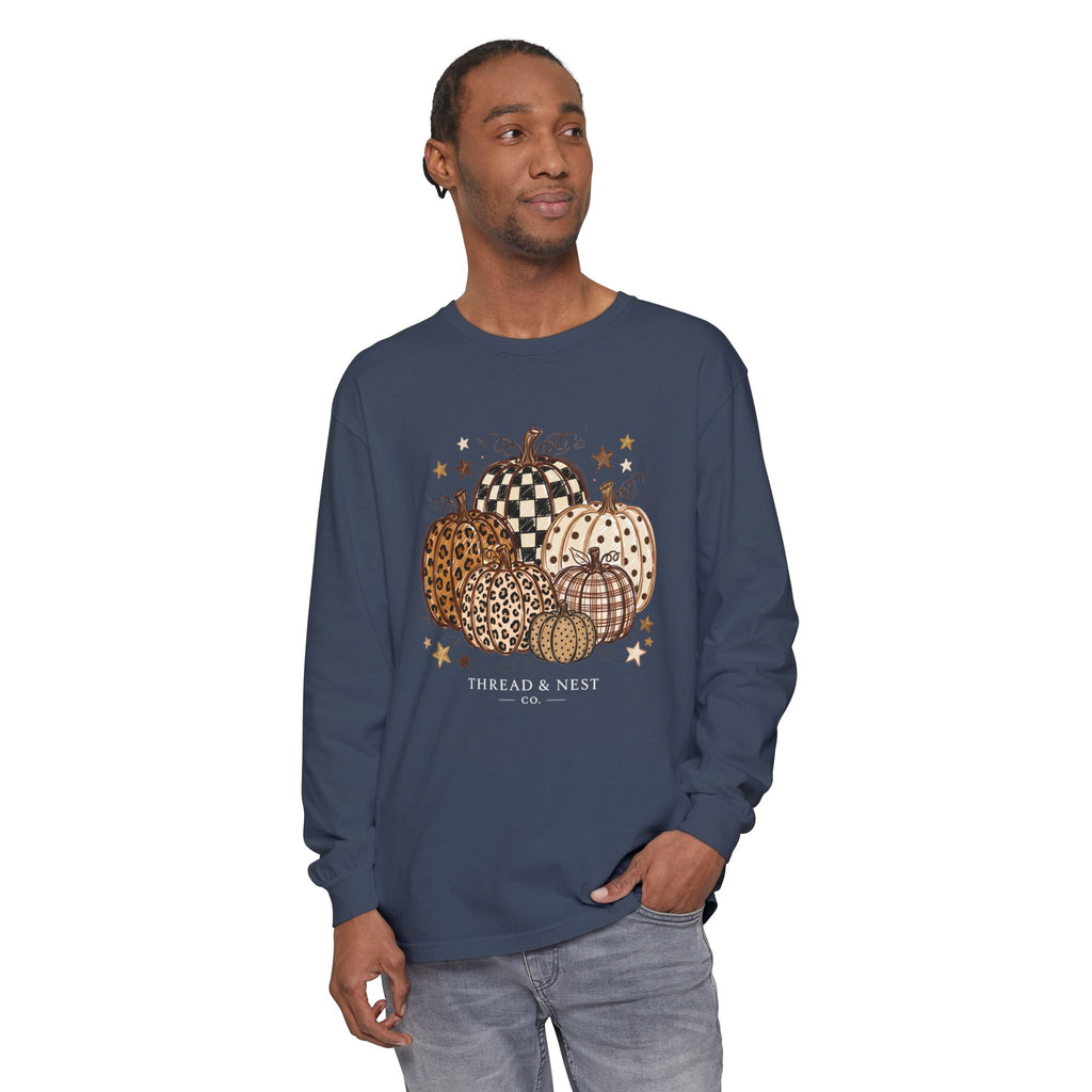 Fall Patterned Pumpkins Long Sleeve Tee — Neutral Plaid & Leopard Pumpkin Shirt