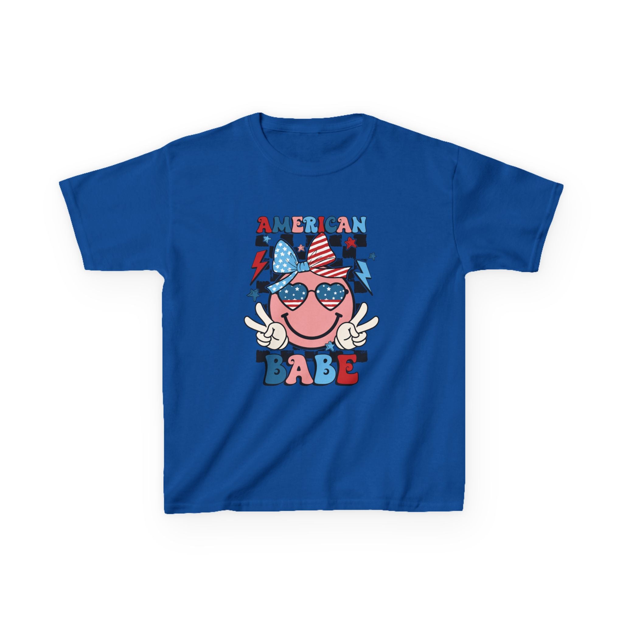 American Babe Kids T‑Shirt – Patriotic Smiley Sunglasses 4th of July Tee