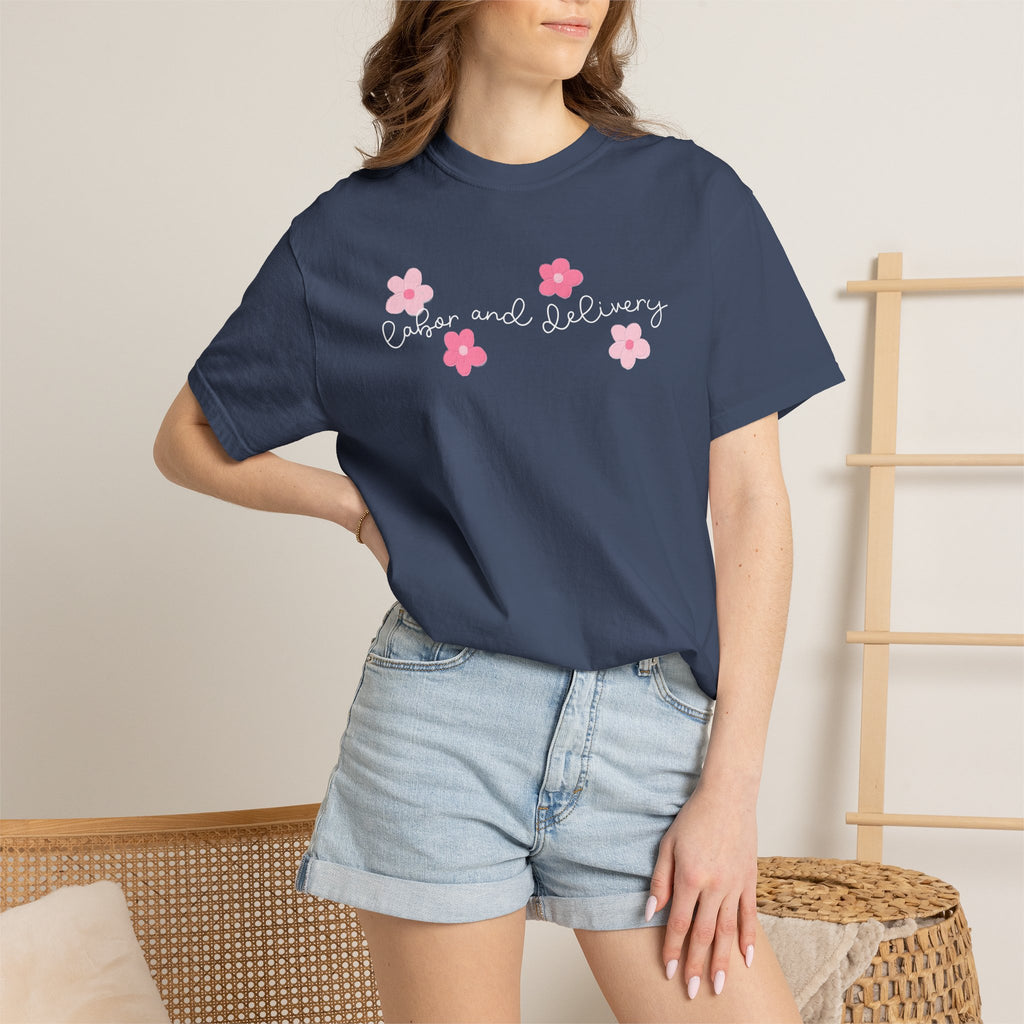 T-Shirt — “Labor and Delivery” Pink Flower Script Tee