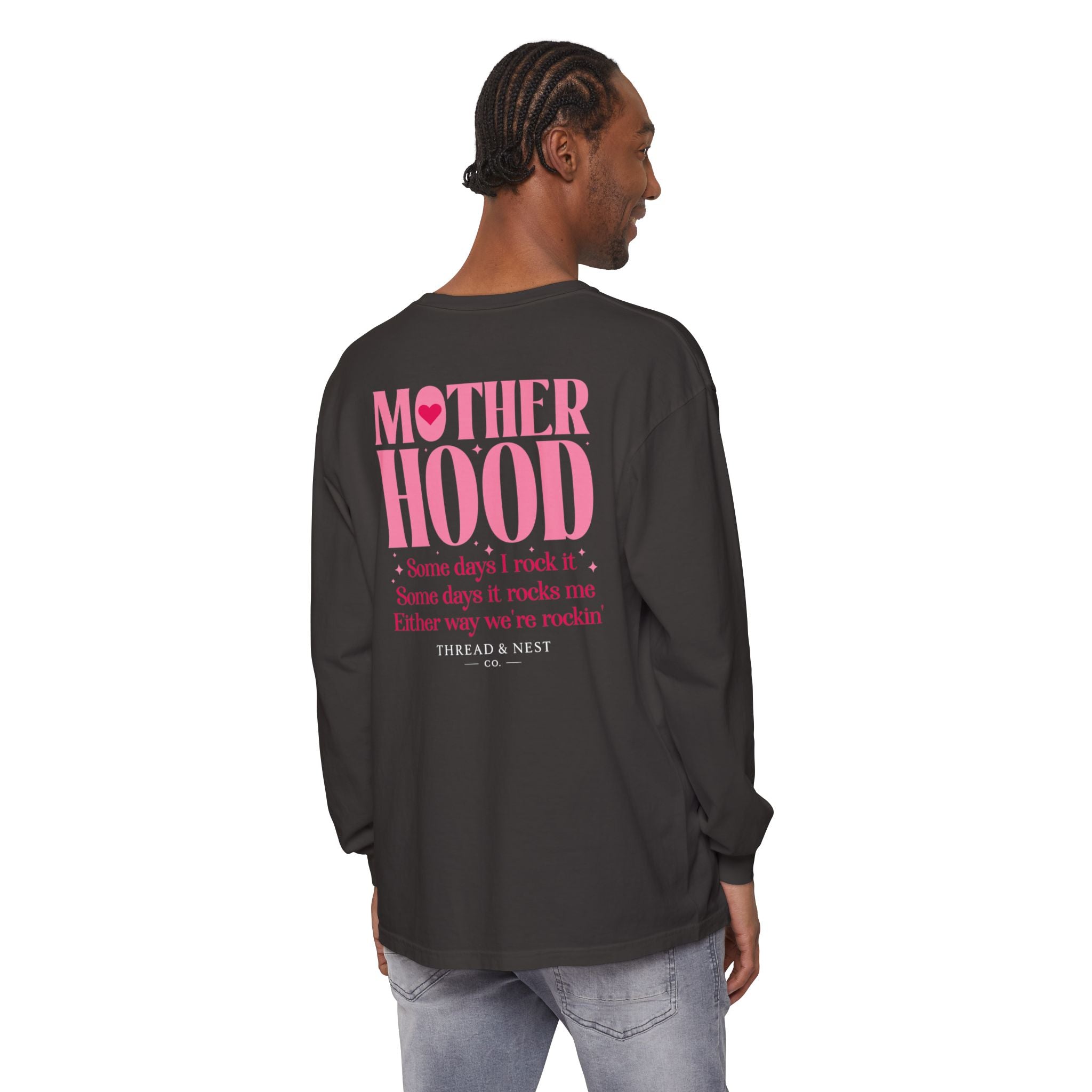 Motherhood Long Sleeve Tee — Pink Retro Heart Graphic