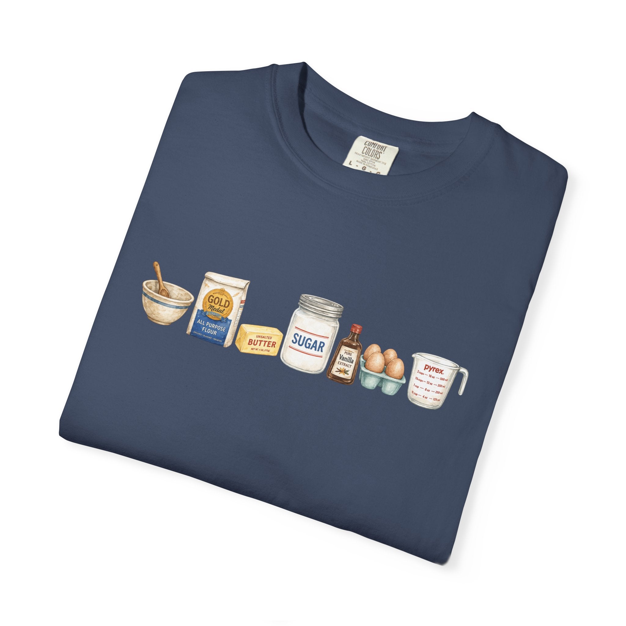 Baking Ingredients T-Shirt — Cute Illustrated Flour, Eggs & Milk Kitchen Tee