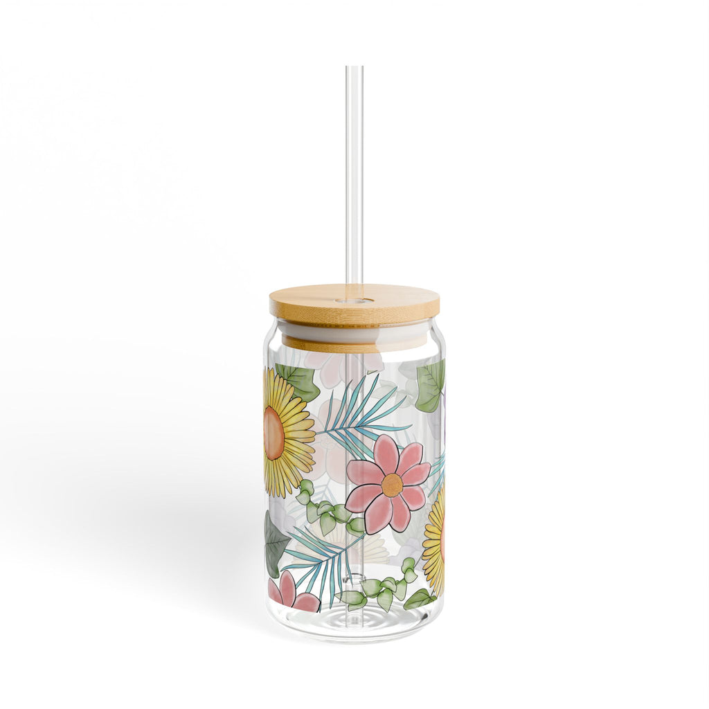 Floral Sipper Glass, 16oz — Bamboo Lid Reusable Drink Jar