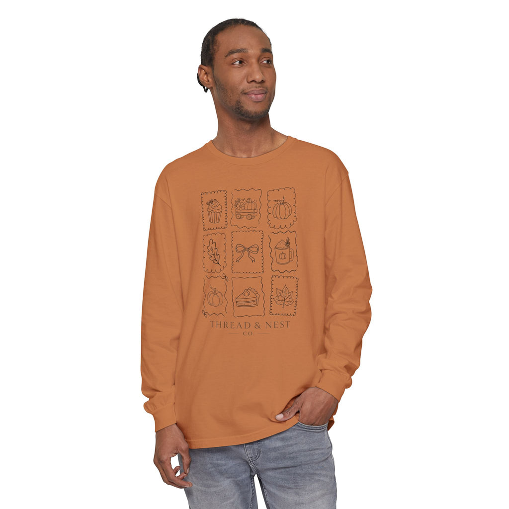 Autumn Icons Long Sleeve Tee — Hand-Drawn Fall Stamps Design