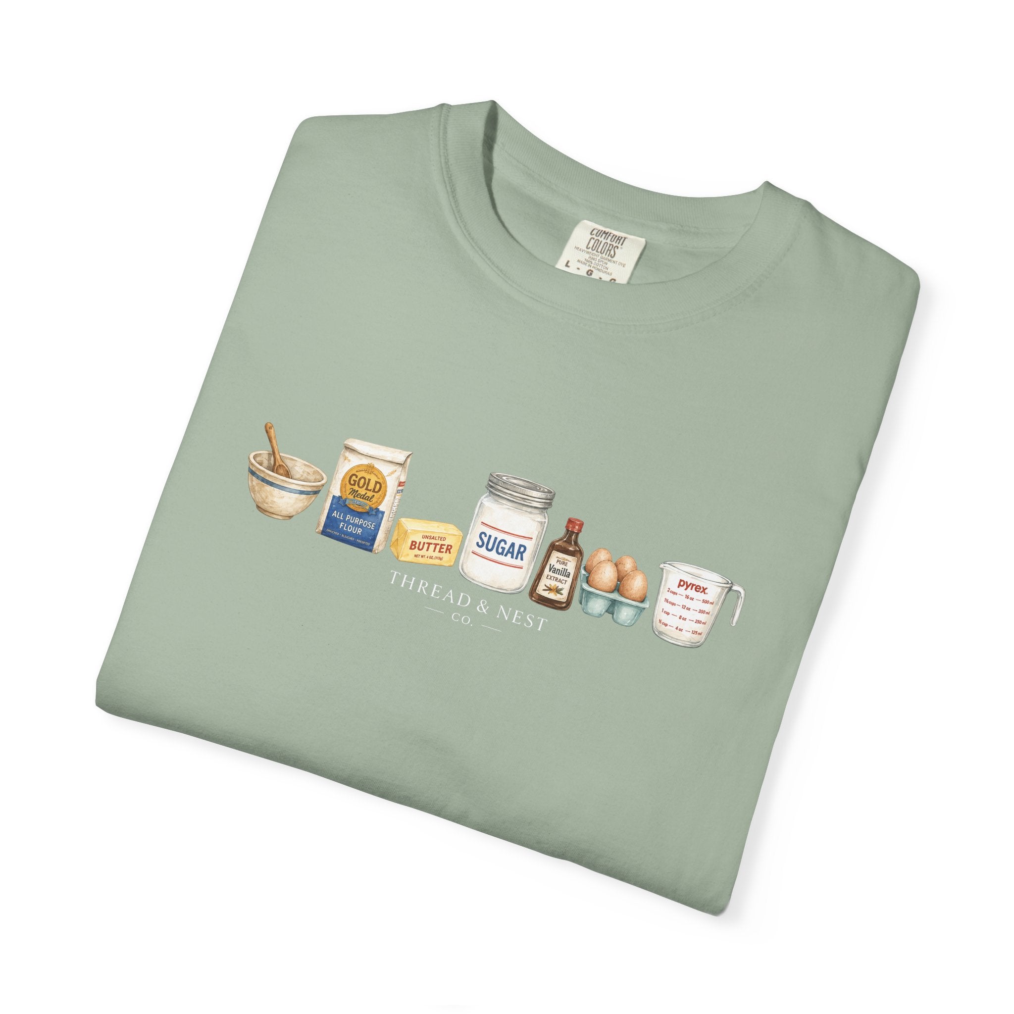 Baking Ingredients T-Shirt — Cute Illustrated Flour, Eggs & Milk Kitchen Tee