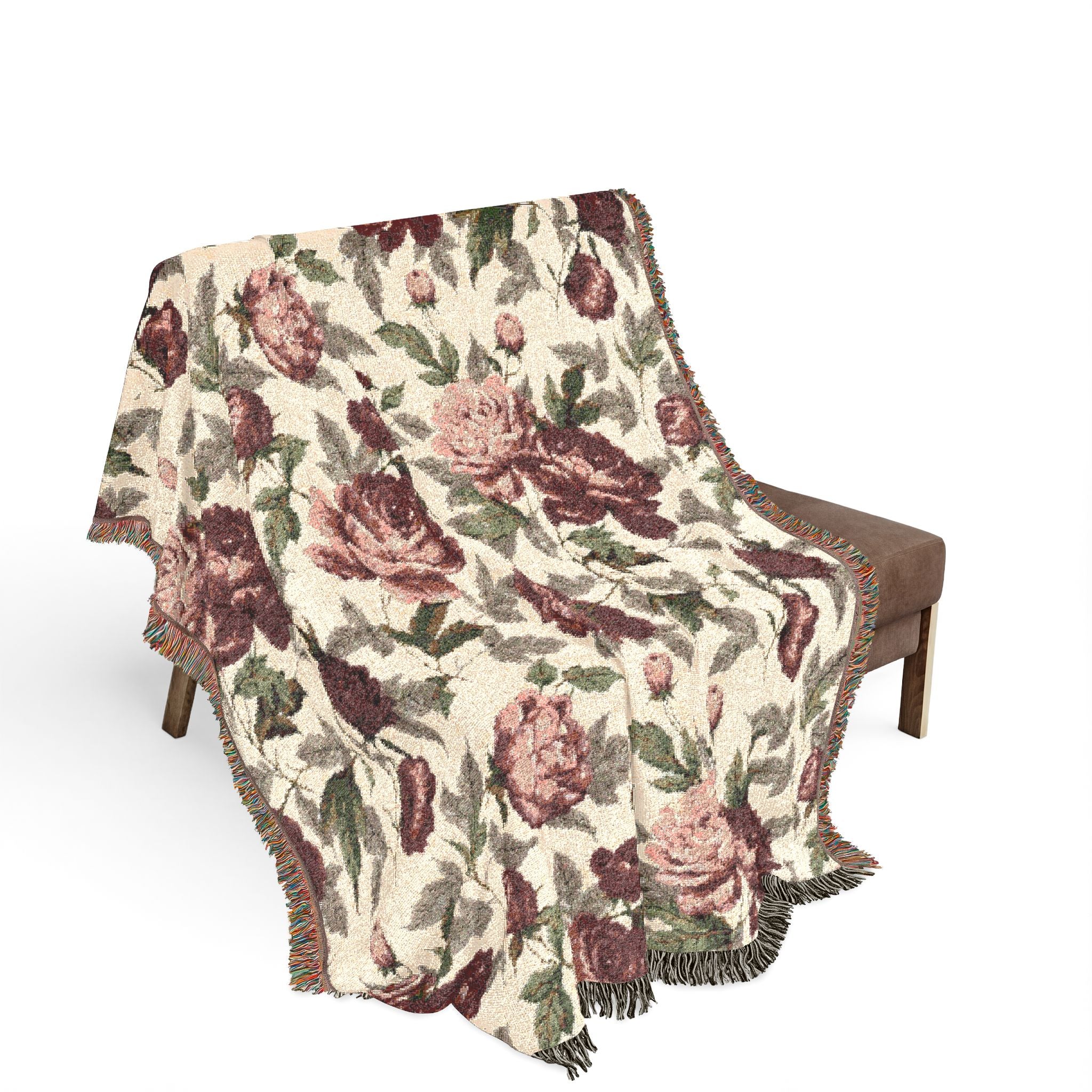 Rosegarden Heirloom Woven Throw Blanket — Reversible Vintage Rose & Teal Camouflage