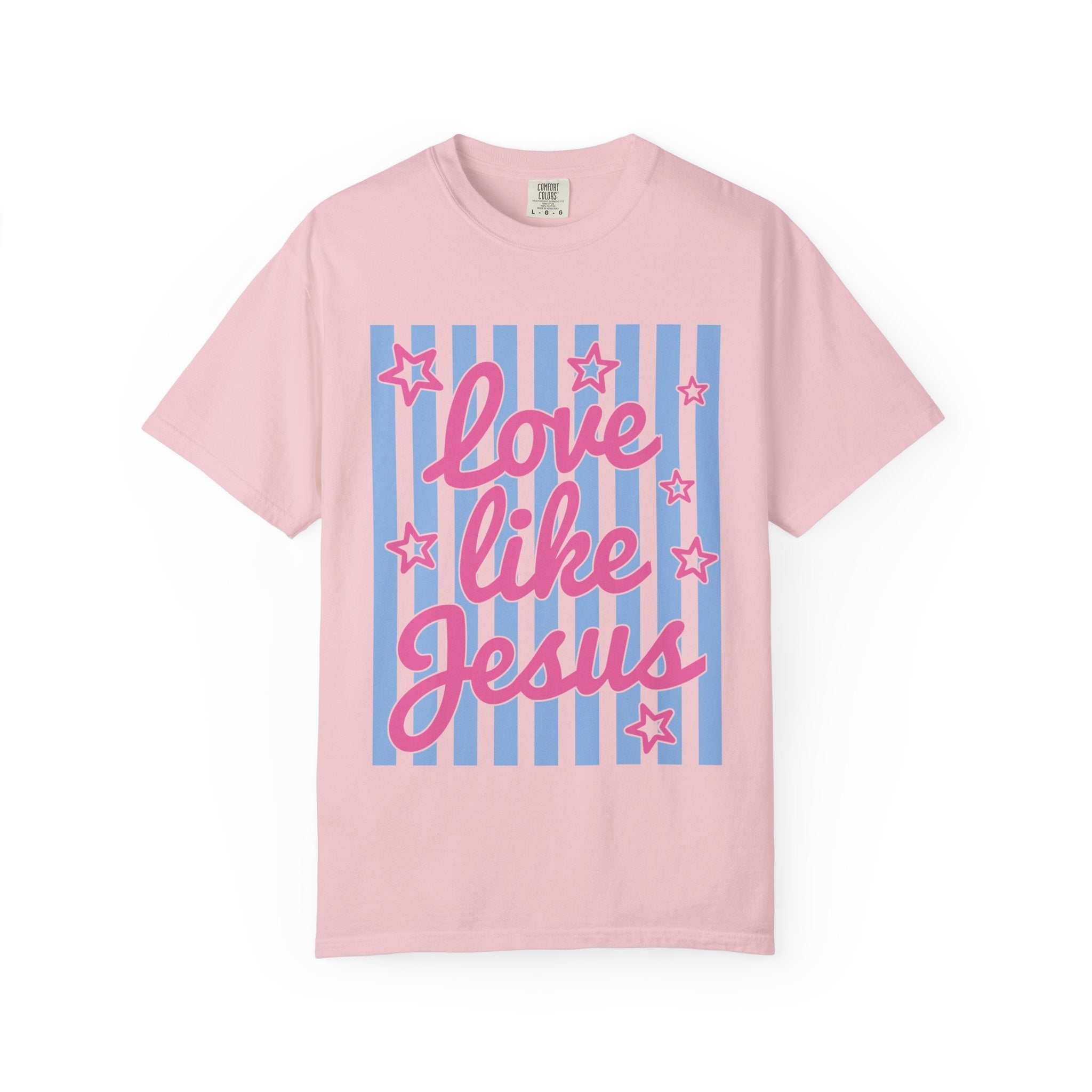 Love Like Jesus T-Shirt — Retro Pink Script on Blue Stripe Christian Tee