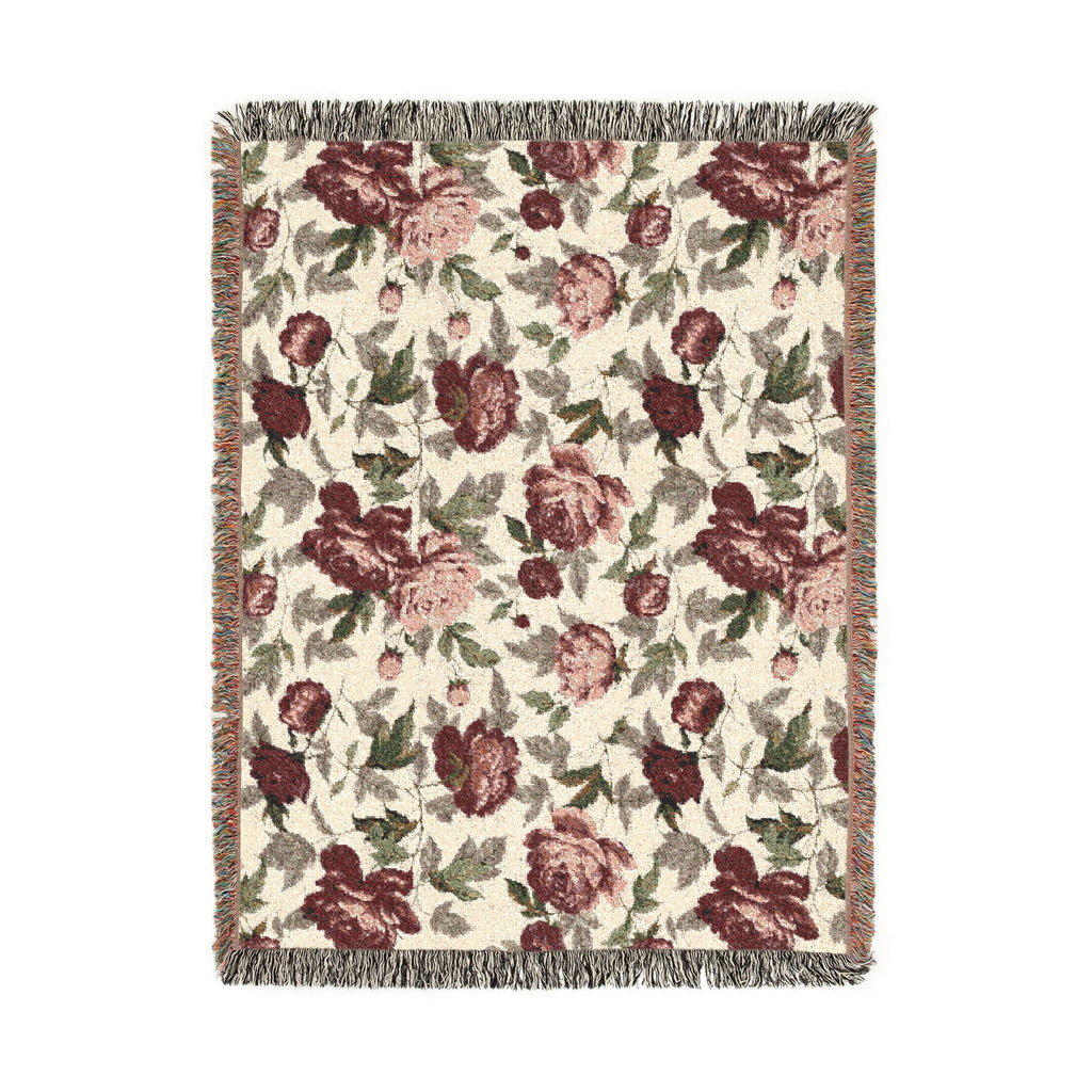Rosegarden Heirloom Woven Throw Blanket — Reversible Vintage Rose & Teal Camouflage