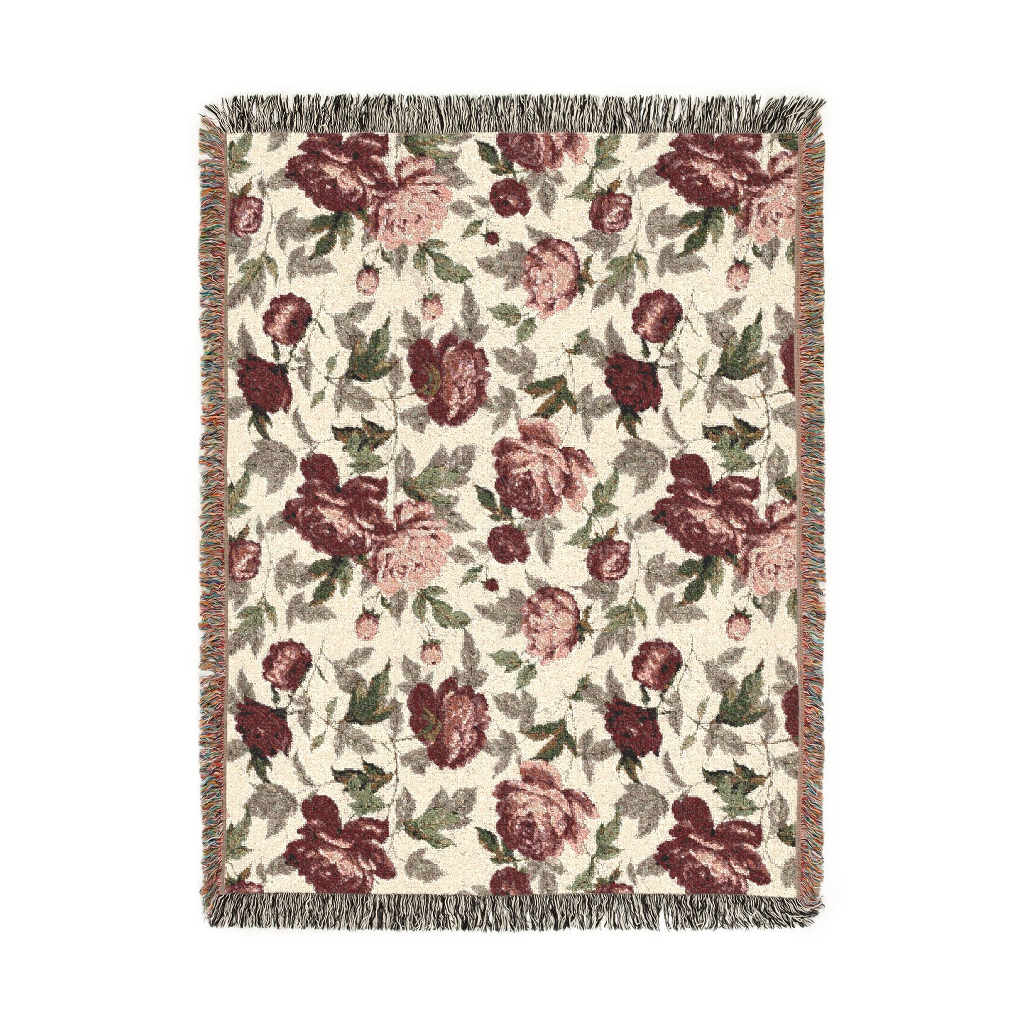 Rosegarden Heirloom Woven Throw Blanket — Reversible Vintage Rose & Teal Camouflage