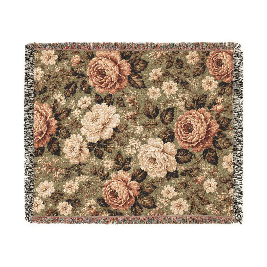 Cottage Rose Woven Blanket — Vintage Rose Tapestry Throw