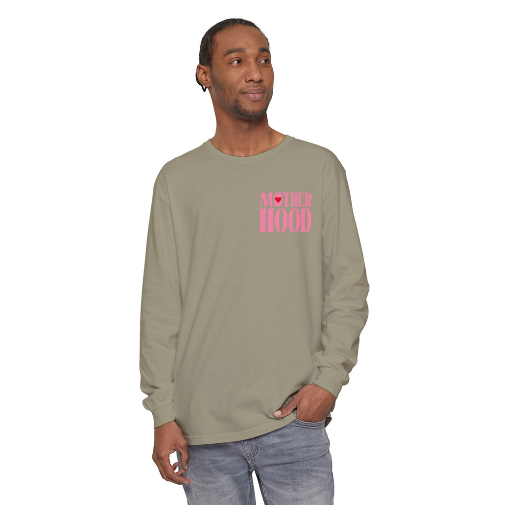 Motherhood Long Sleeve Tee — Pink Retro Heart Graphic