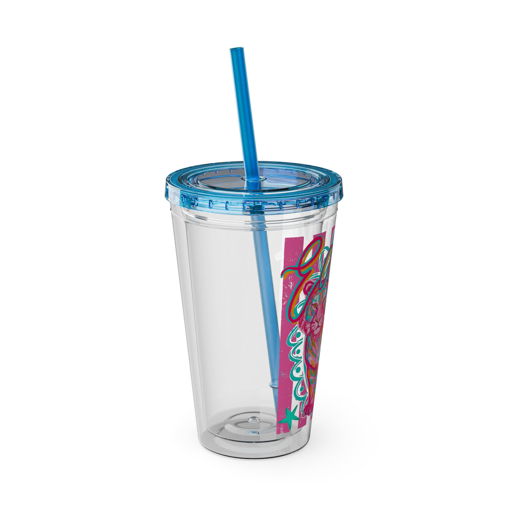 16oz Sunsplash Tumbler with Straw — Colorful 'Easy' Tiger Design