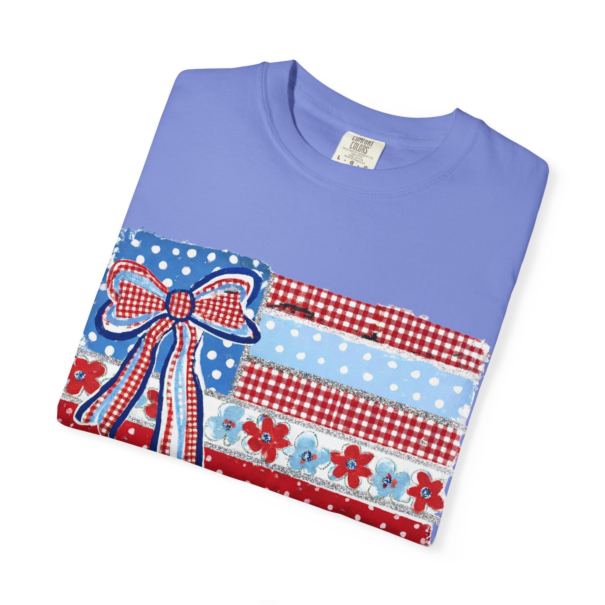 Patriotic Patchwork Flag T-Shirt — Red White & Blue Bow Tee