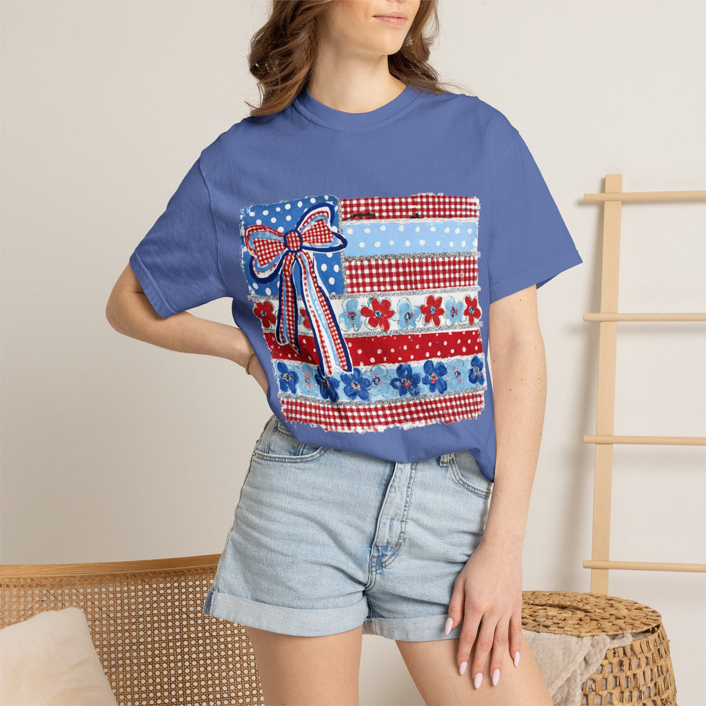 Patriotic Patchwork Flag T-Shirt — Red White & Blue Bow Tee