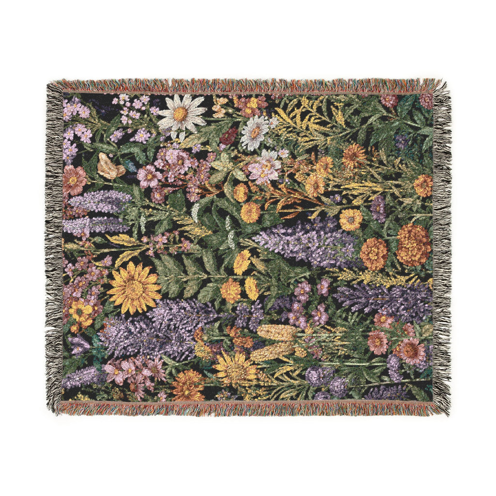 Midnight Meadow Woven Blanket — Vintage Botanical Throw for Living Room & Patio