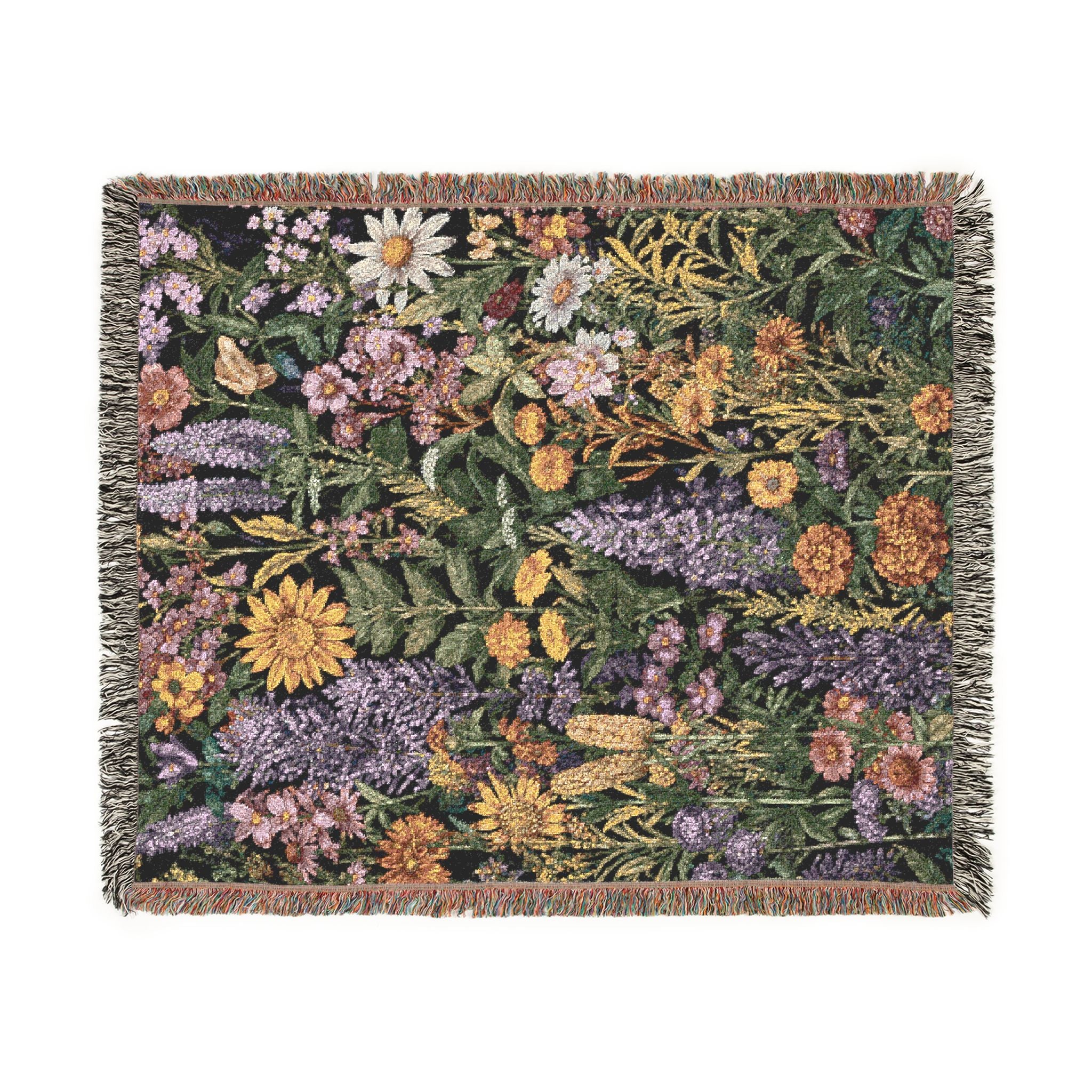 Midnight Meadow Woven Blanket — Vintage Botanical Throw for Living Room & Patio