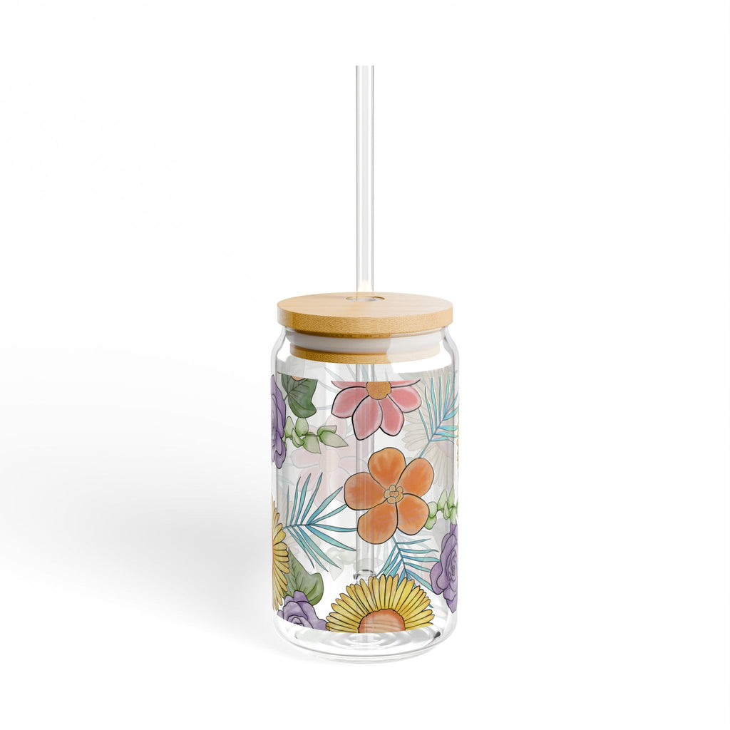 Floral Sipper Glass, 16oz — Bamboo Lid Reusable Drink Jar