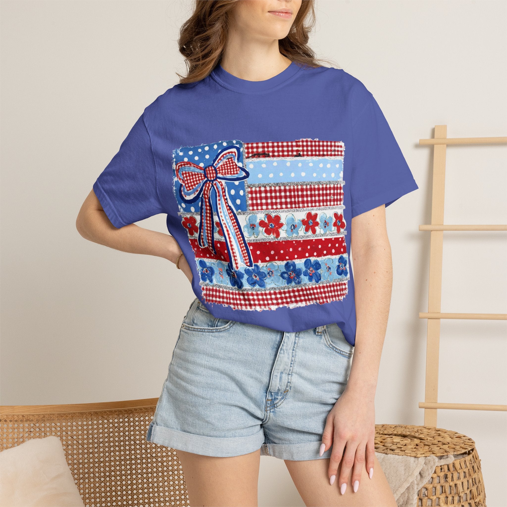 Patriotic Patchwork Flag T-Shirt — Red White & Blue Bow Tee
