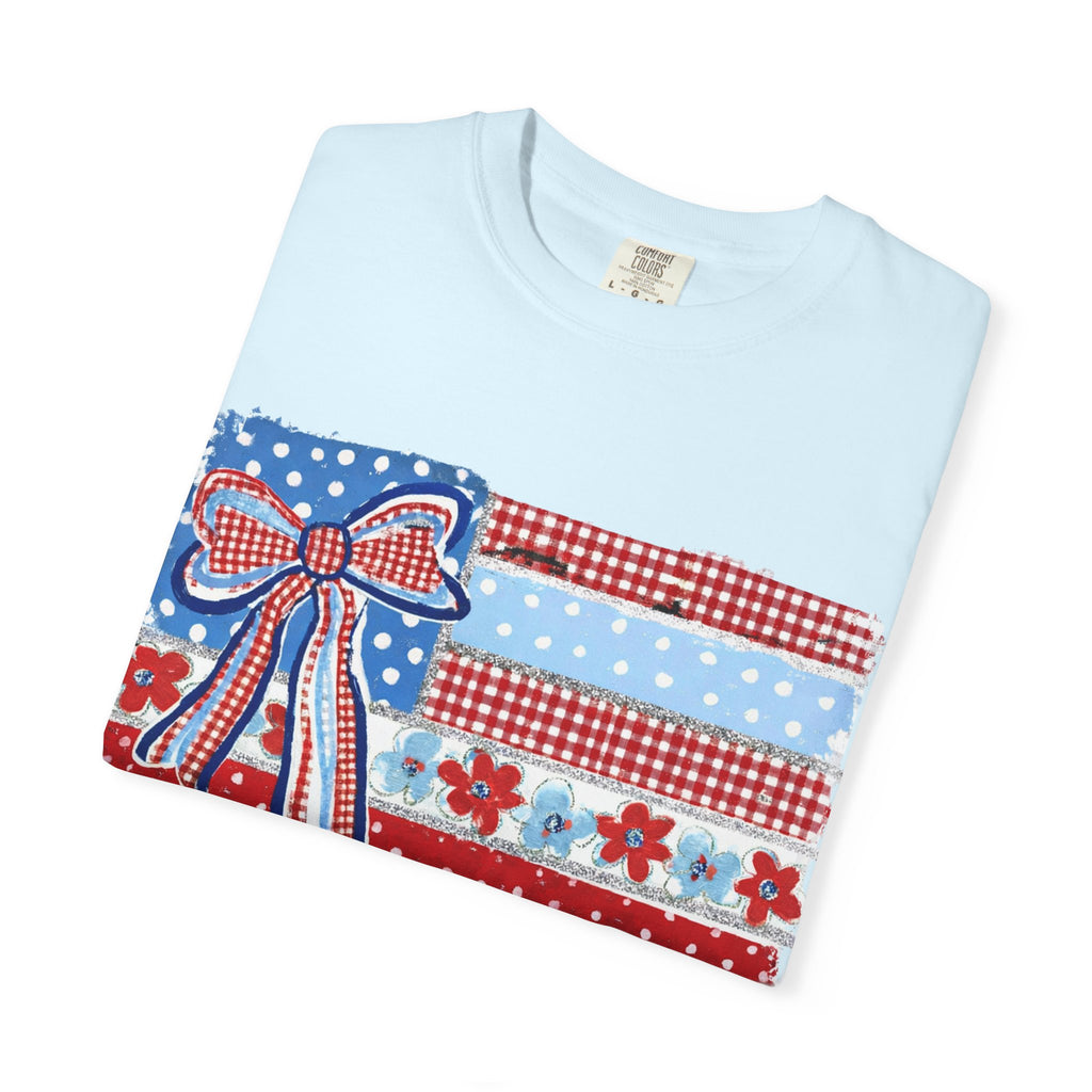 Patriotic Patchwork Flag T-Shirt — Red White & Blue Bow Tee