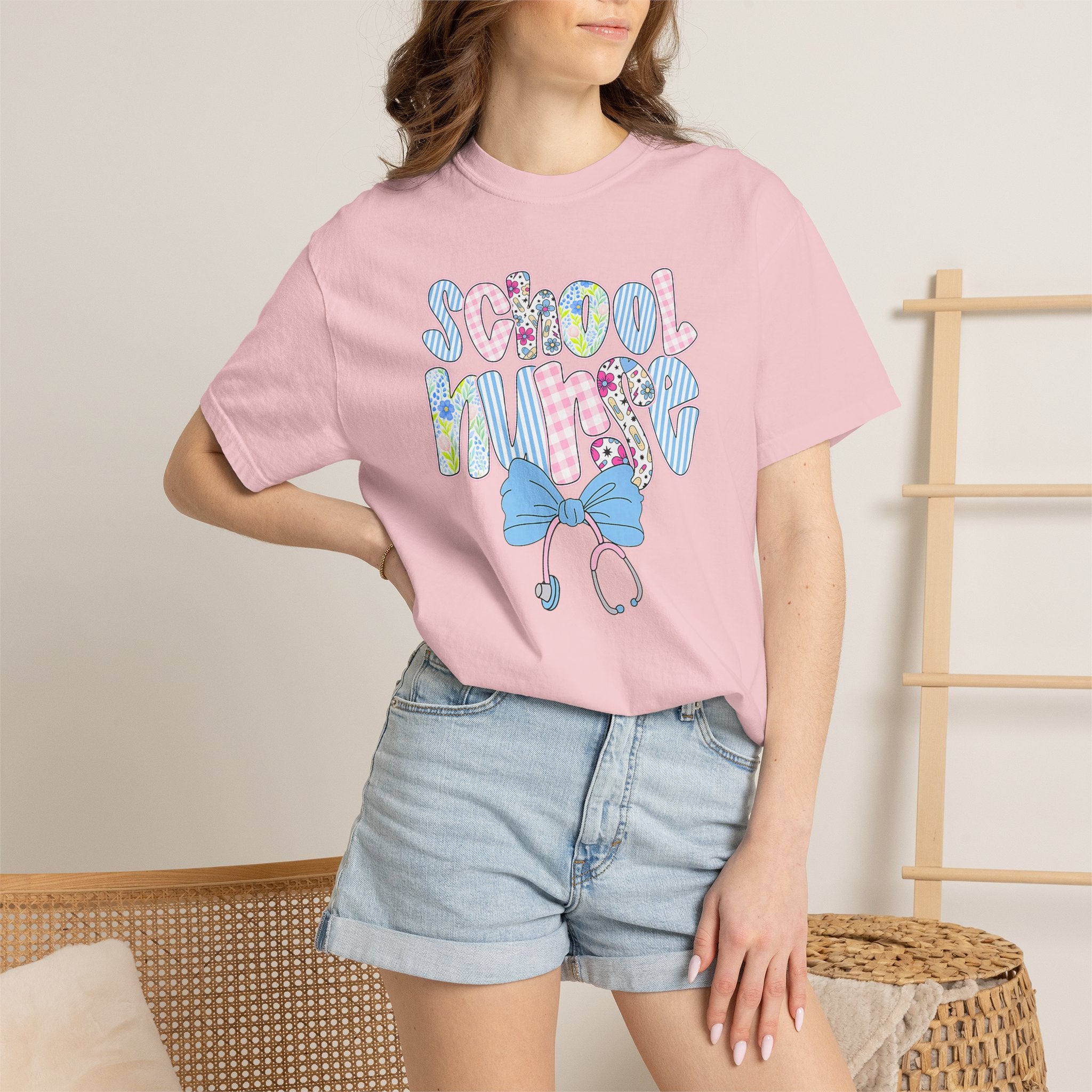 School Nurse T-Shirt — Cute Pastel Medical Design with Stethoscope & Bow