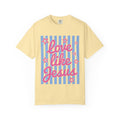 Love Like Jesus T-Shirt — Retro Pink Script on Blue Stripe Christian Tee