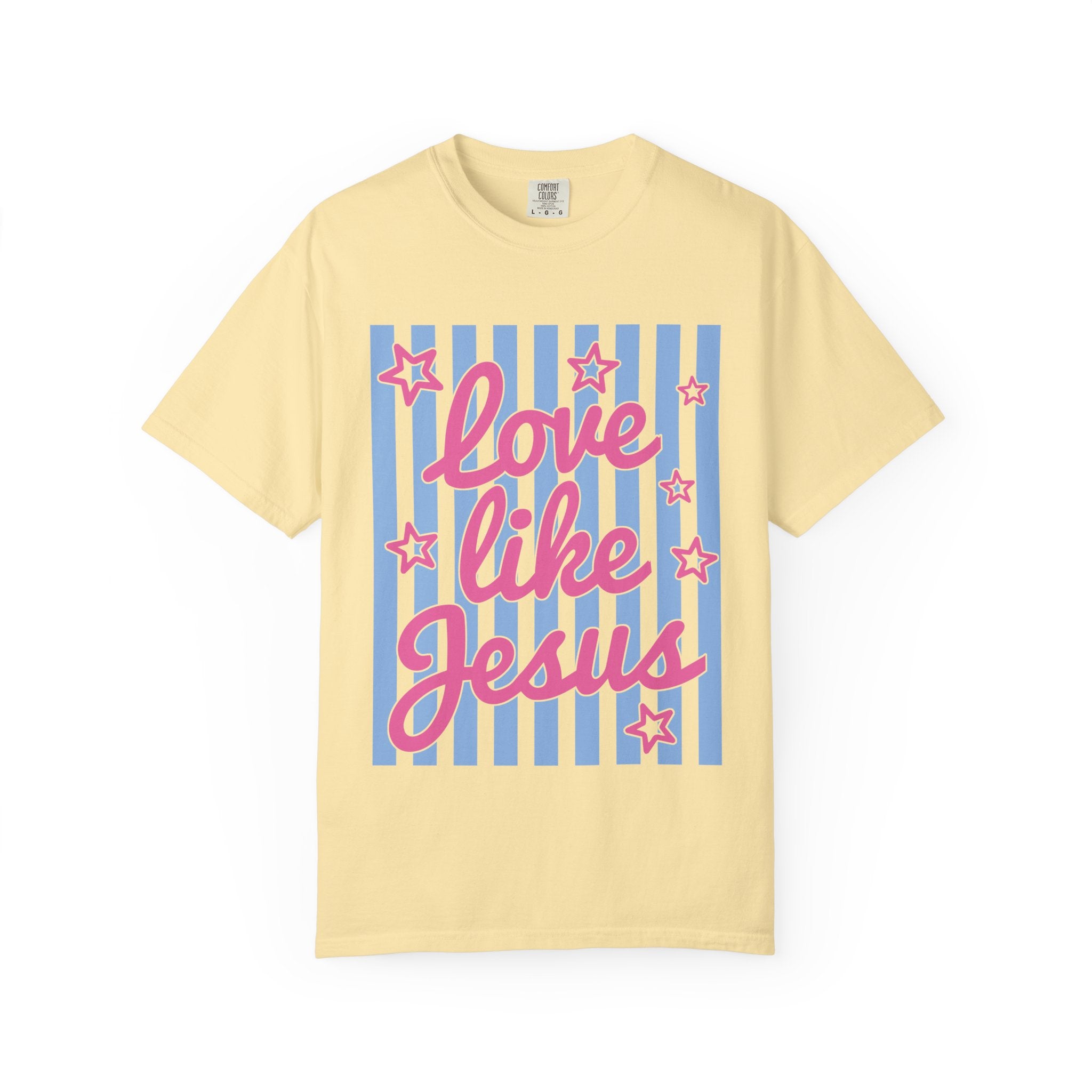 Love Like Jesus T-Shirt — Retro Pink Script on Blue Stripe Christian Tee