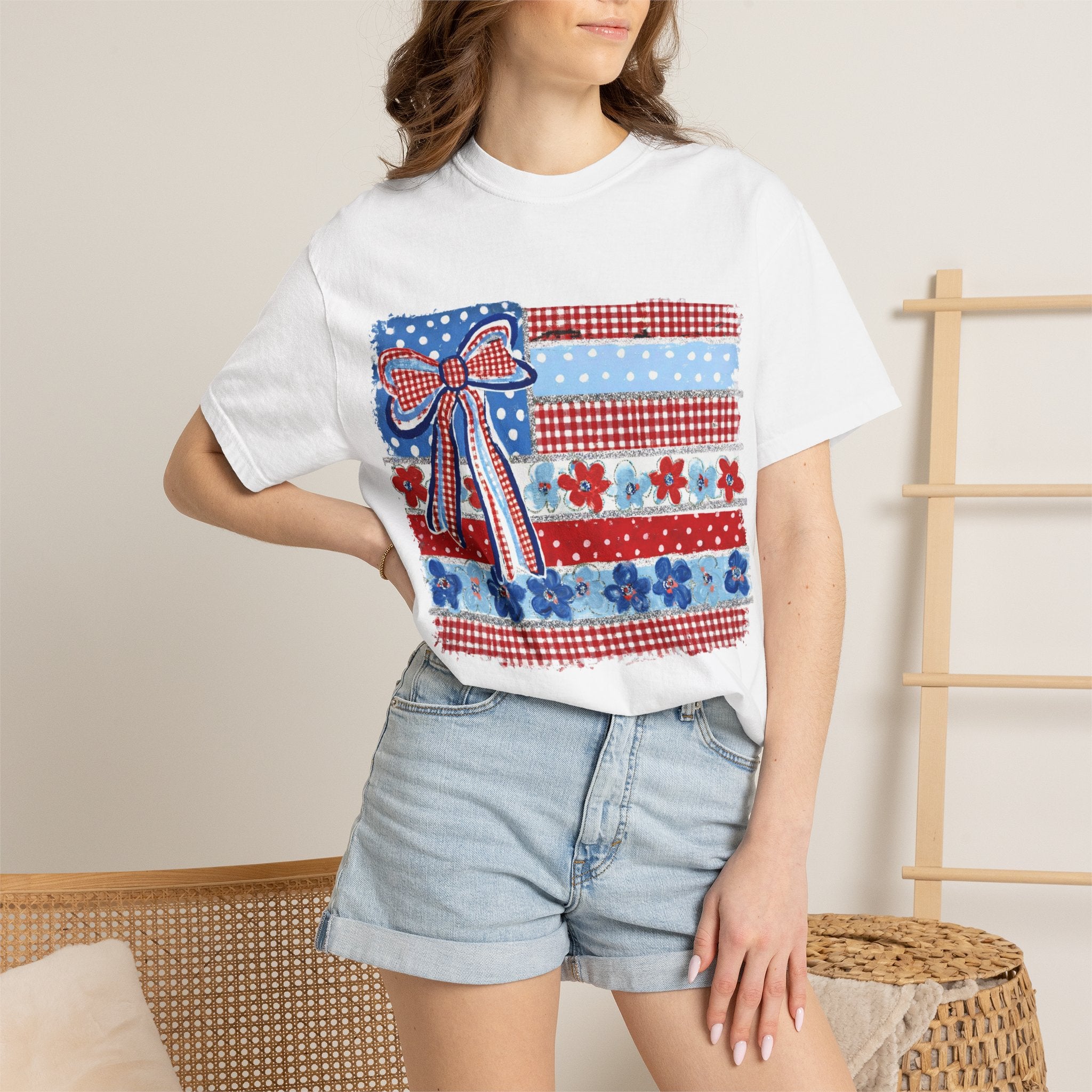 Patriotic Patchwork Flag T-Shirt — Red White & Blue Bow Tee