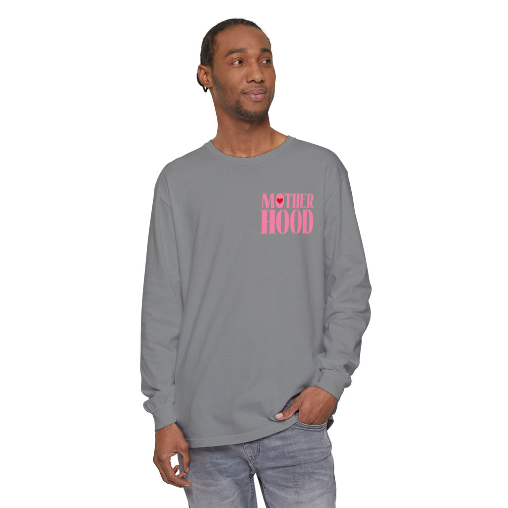 Motherhood Long Sleeve Tee — Pink Retro Heart Graphic