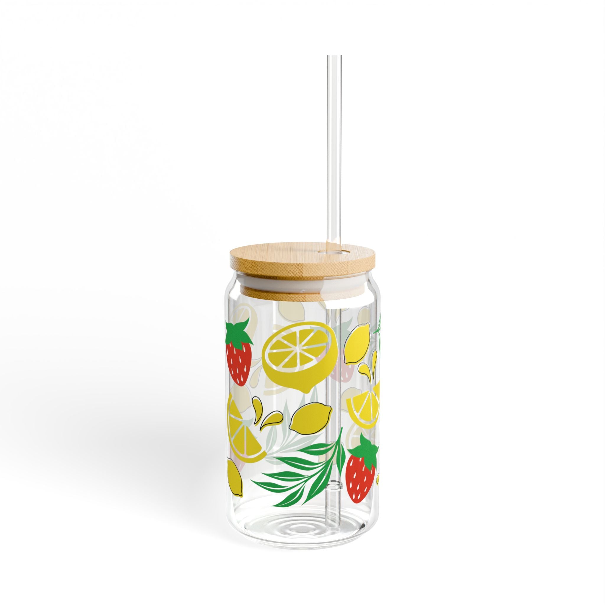 16oz Lemon Strawberry Sipper Glass with Bamboo Lid & Straw — Summer Fruit Drink Tumbler
